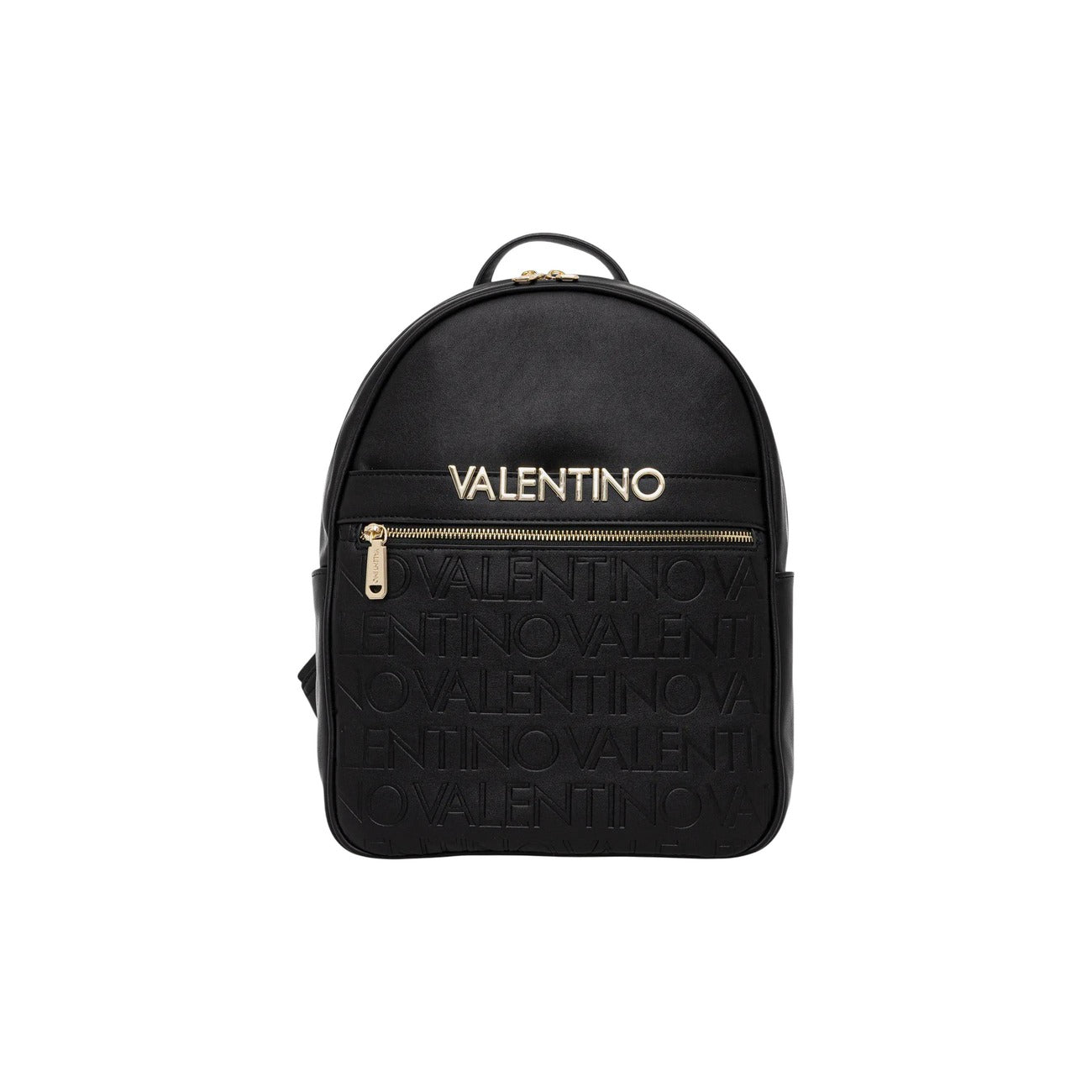 Zaino Nero Donna Valentino Bags Cora; Misure 13x28x13 cm. Tessuto 100% poliuretano con tasca frontale e chiusura a cerniera lampo. Spallacci regolabili logati e manico corto, stile casual 4 stagioni. Vista frontale 