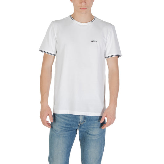 T-shirt BOSS Uomo Bianca; 92% Cotone, 8% Elastam. Tessuto piqué elasticizzato, vestibilità regular, logo e righe a contrasto. Lavabile a 30°C, stile casual-premium. Vista frontale 