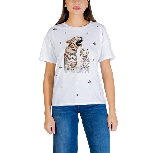 Liu Jo T-shirt bianca con Leopardi; 100% cotone, stampa animalier decorata, vestibilità confortevole. Il tocco glamour per l'outfit quotidiano. Vista frontale