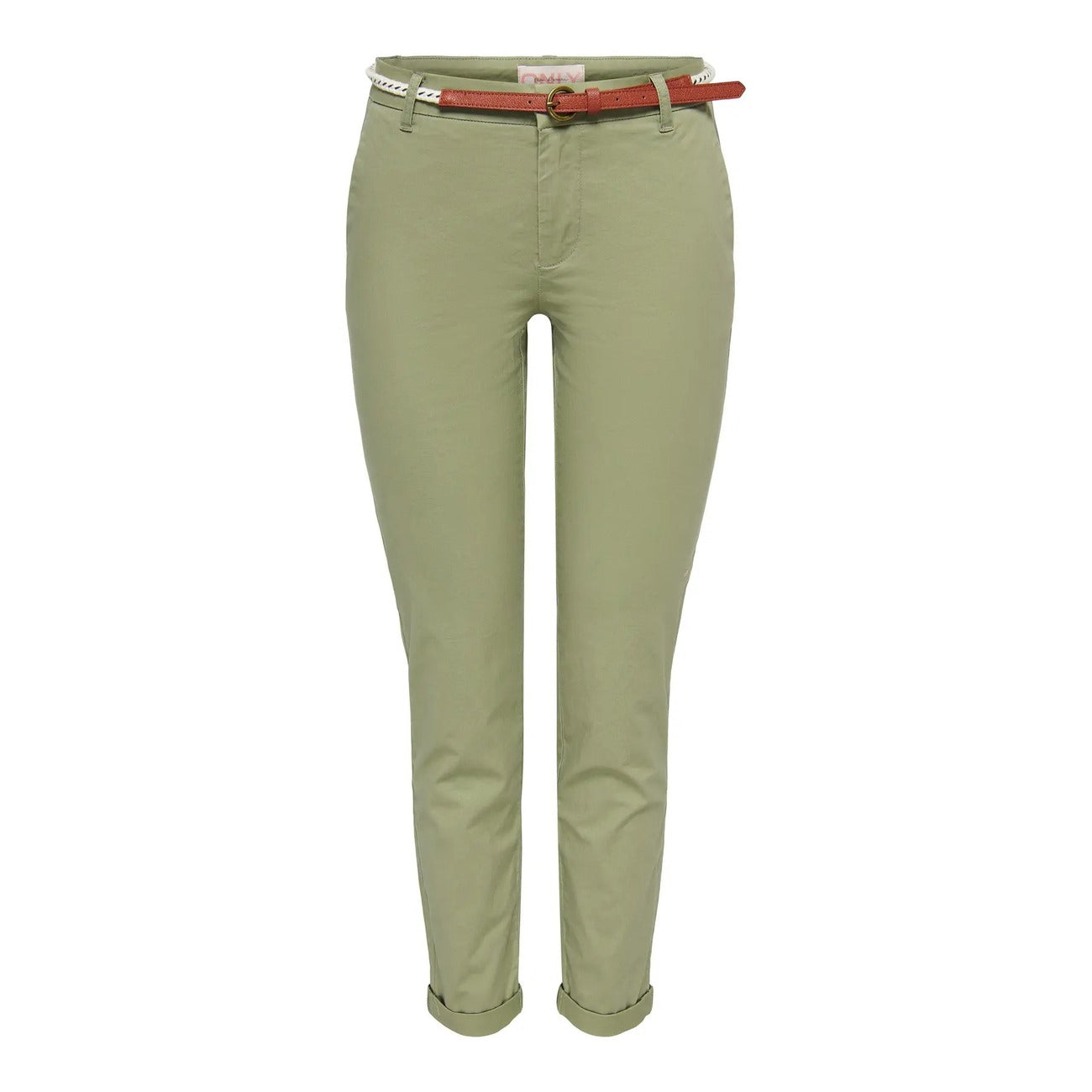 Pantaloni estivi dritti regular fit in cotone elasticizzato verde aloe con vita media, cintura e tasche anteriori, pantaloni casual chic primavera estate.