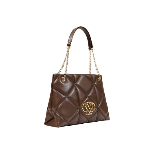 Borsa Love Moschino donna marrone a spalla modello JC4040PP1. Borsa grande trapuntata effetto pelle marrone cioccolato con manici a catena oro e cerniera stile casual chic, elegante e da giorno.
