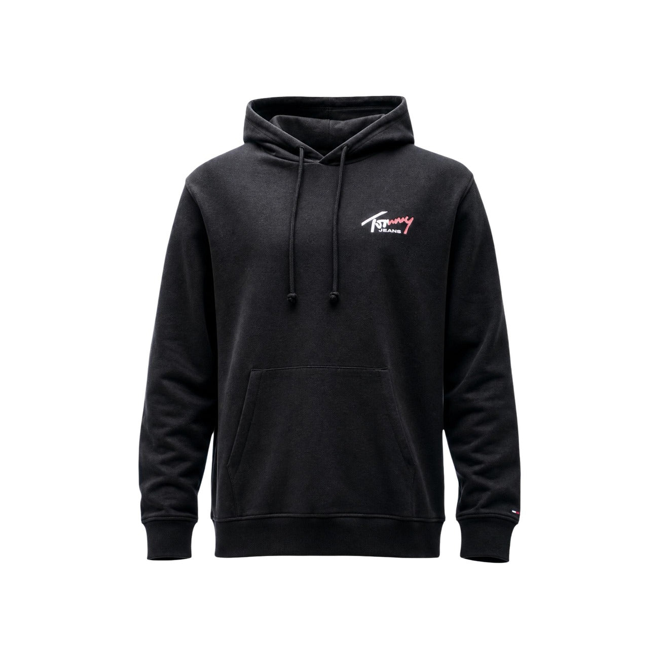 Felpa Nera Tommy Jeans; 100% Cotone Rigenerato. Cappuccio con coulisse, tasca a marsupio, logo ricamato. Morbida, sostenibile e versatile. Il must-have per la mezza stagione. Vista stesa frontale 