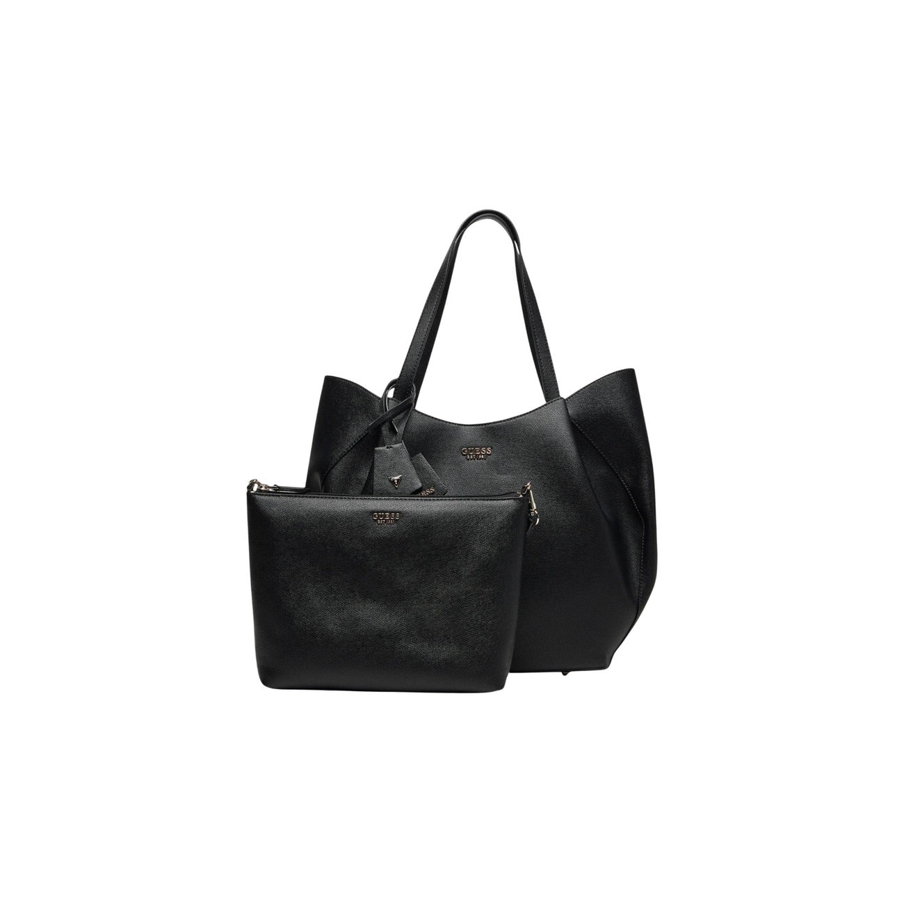 Borsa Tote Donna Nera Guess Amorette 2 in 1; Borsa grande a spalla in ecopelle texturizzata con chiusura zip. Doppio manico, dettagli in metallo dorato e charm logato. Vista frontale 