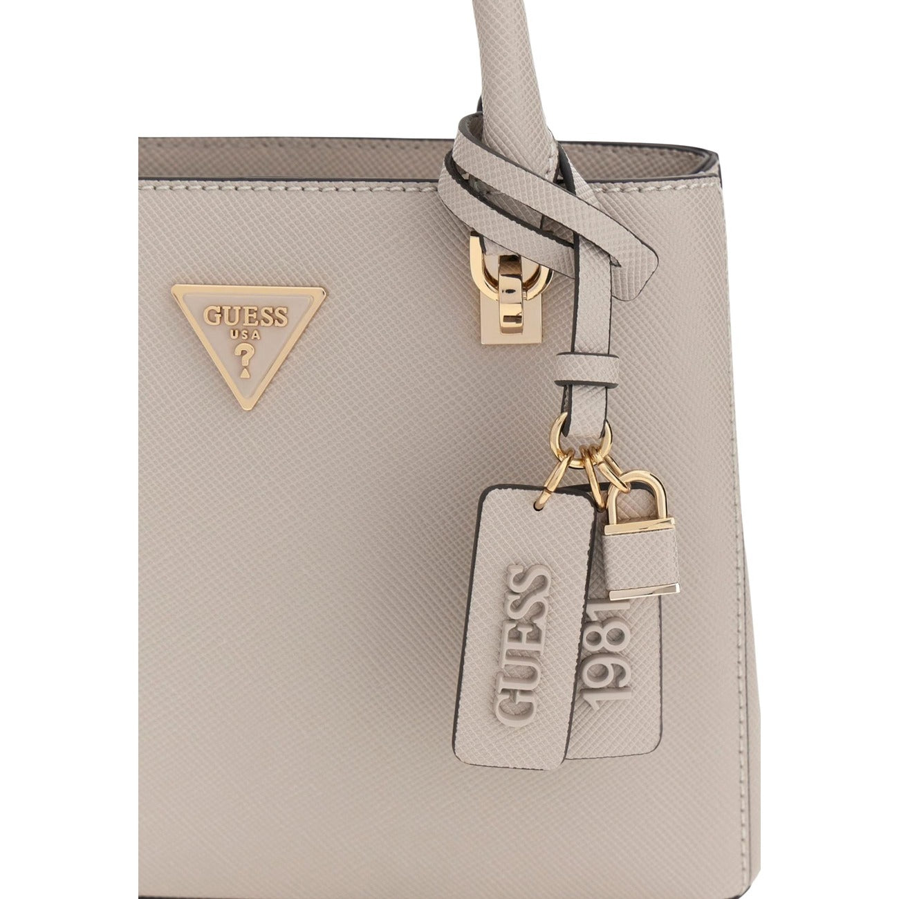 Borsa Guess donna grigia con tasca interna - vista frontale dettaglio logo e ciondolo