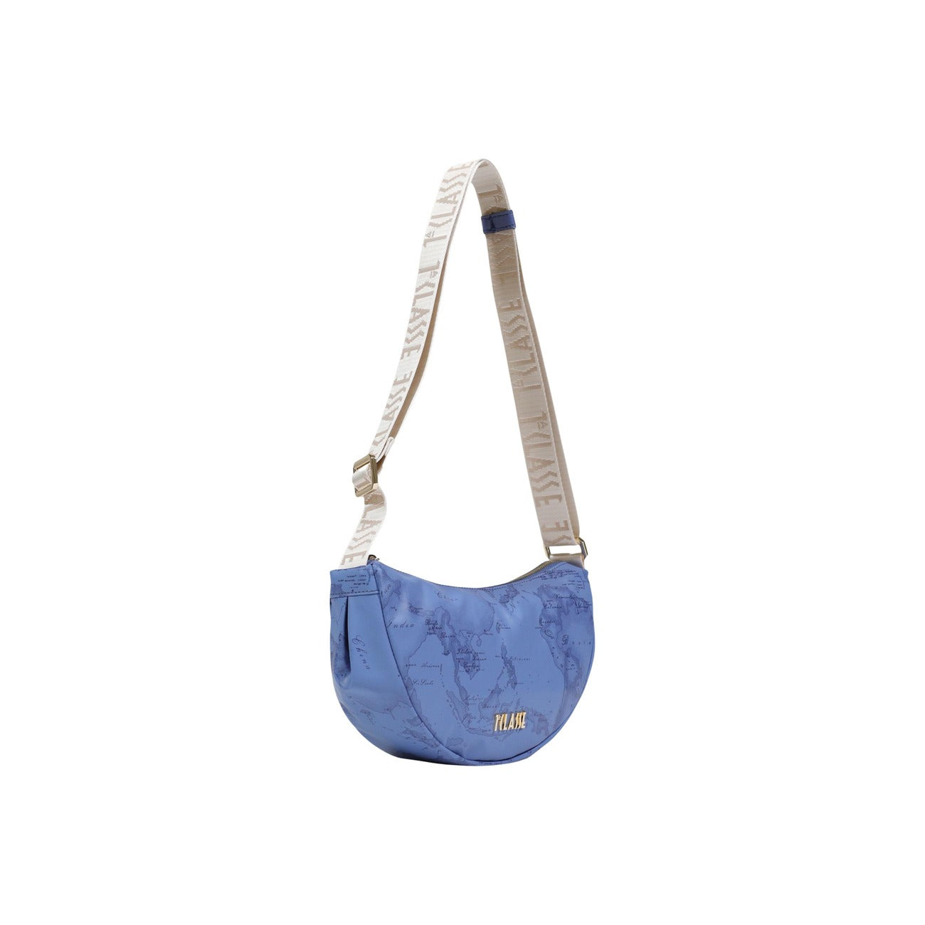 Borsa Alviero Martini Blu; Stampa Geo bicolore. Tracolla regolabile con logo, chiusura con cerniera, materiali resistenti. Dimensioni mini 17x6x6 cm. Accessorio versatile e contemporaneo per ogni stagione. Vista laterale frontale 