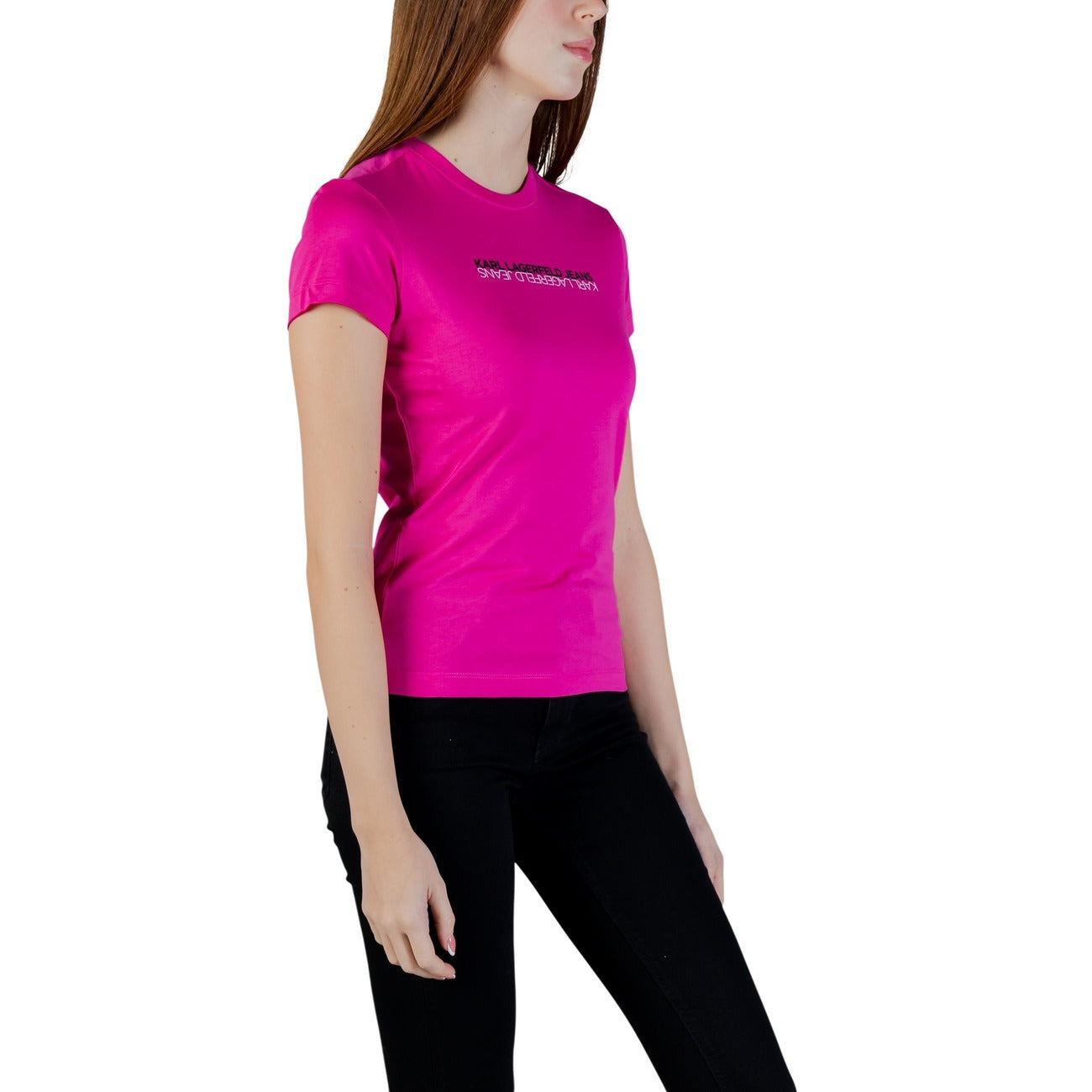 T-shirt donna Karl Lagerfeld Jeans SLIM SS REFLECTION TEE fucsia a maniche corte primavera estate - vista laterale
