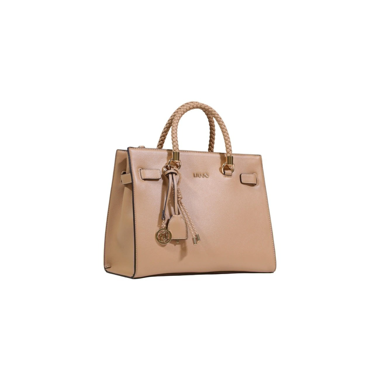 Liu Jo ECS Tote Bag; borsa beige media con manici intrecciati e hardware dorato. Capiente, versatile e rifinita con logo applicato, perfetta per completare outfit formali o casual. Vista frontale laterale 