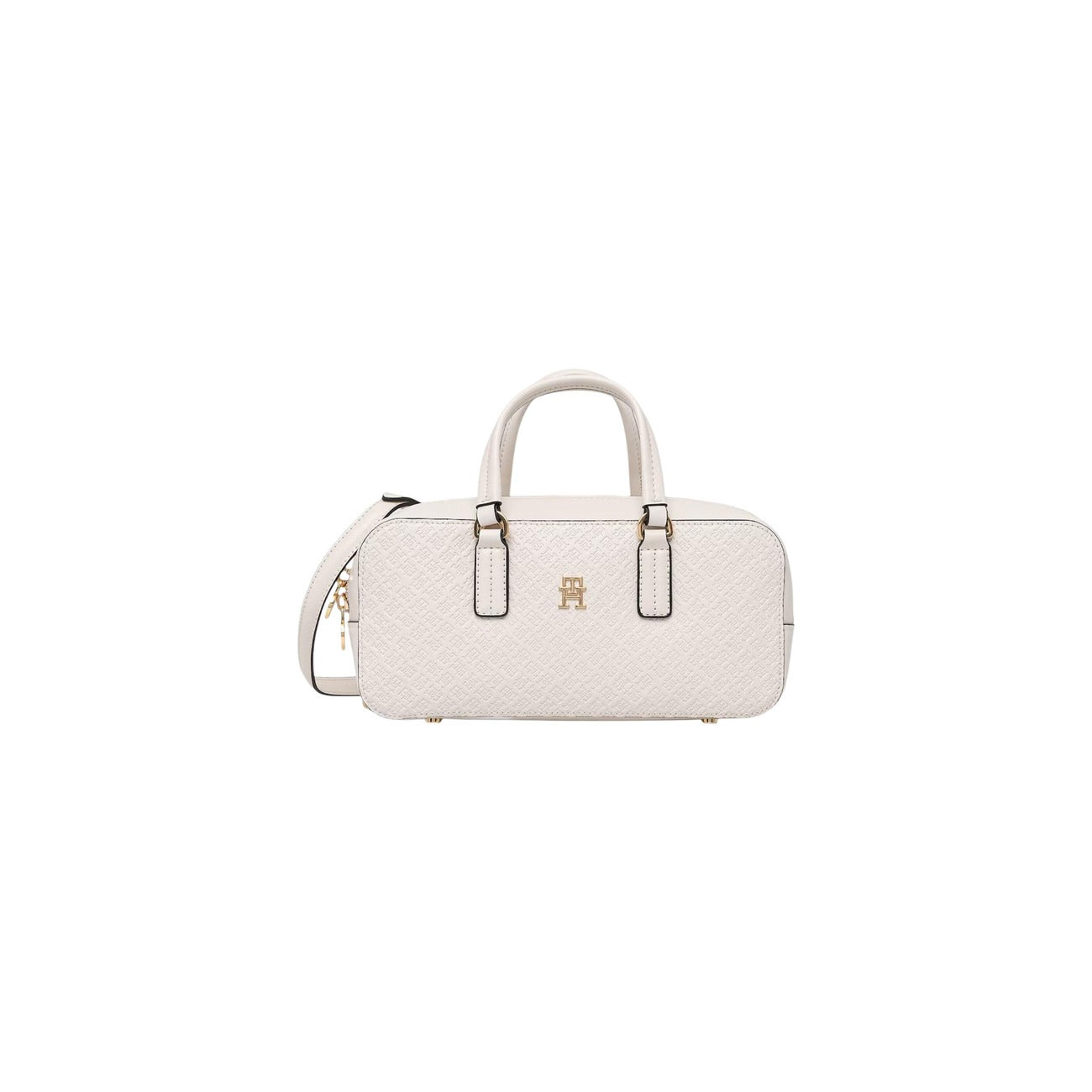 Borsa Tommy Hilfiger Monogram; Finitura in rilievo. Chiusura con zip, scomparto principale con tasca interna, tracolla removibile. Dimensioni 28x13,5 cm. Design iconico nero con dettagli dorati, ideale per ogni occasione. Colore bianco vista frontale 