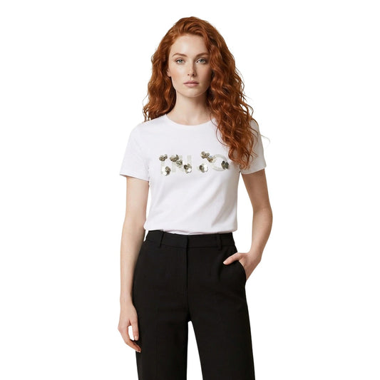 T-shirt donna Liu Jo cropped bianca in 100% cotone; logo frontale impreziosito da paillettes e micro strass luminosi. Taglio corto e maniche corte. Vista frontale 