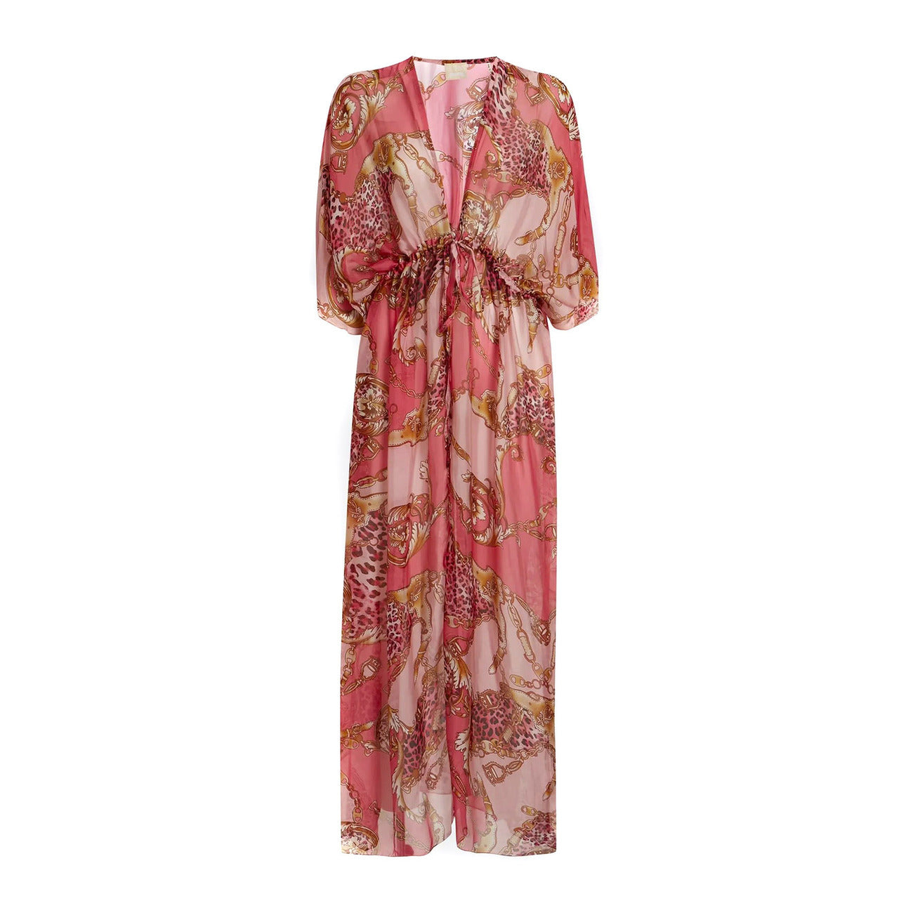 Abito lungo Guess donna rosa con spacco stampa floreale manica corta scollo a V - vista frontale steso
