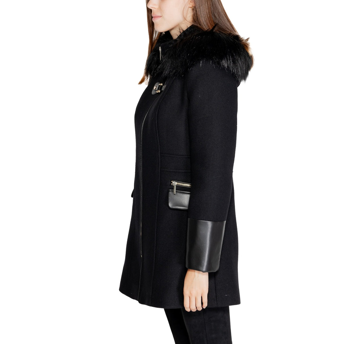 Cappotto nero lana donna Morgan De Toi – Cappotto lungo dritto con cappuccio e zip GSIBIL 222-GSIBIL.