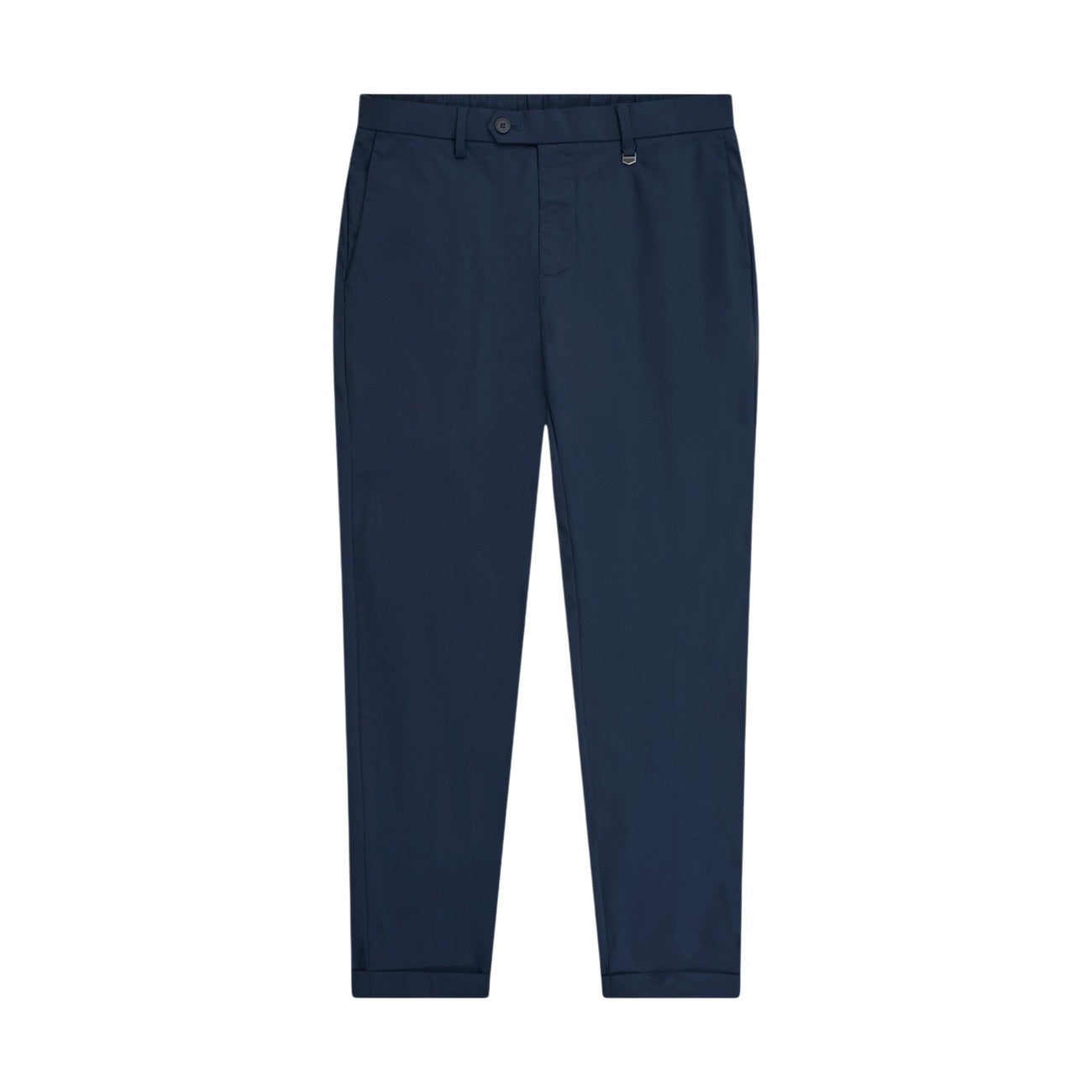 Pantaloni blu navy Ankle Length RAD; pantalone slim in tessuto bi-stretch ad alte prestazioni. Silhouette pulita, elasticità superiore e stile sartoriale moderno. Vista frontale Stesa