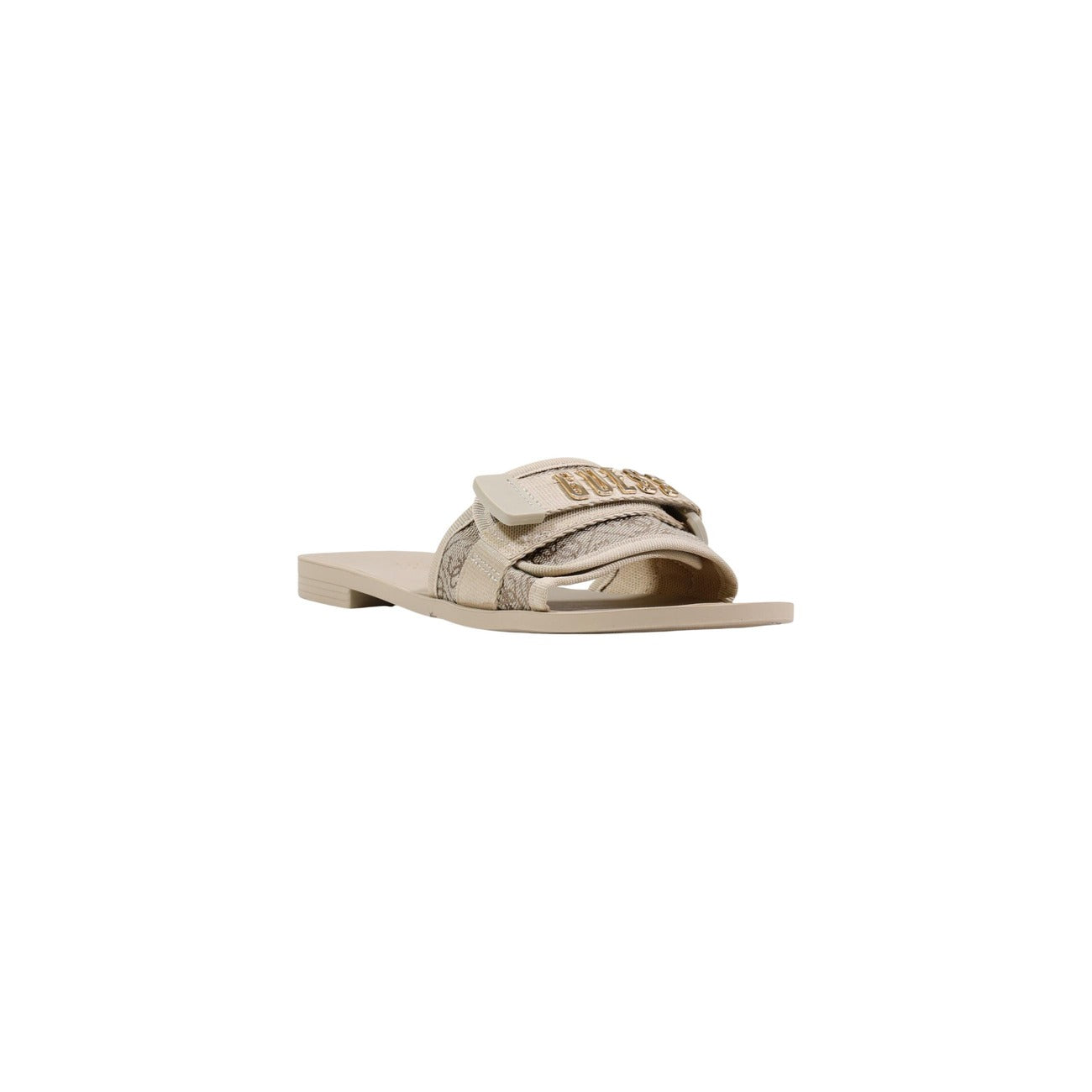Sandali bassi Guess Elyze, tomaia in 100% poliestere con stampa monogramma e fibbia logo dorata; sandali slide estivi con suola sottile e dettagli hardware gold. Vista frontale 