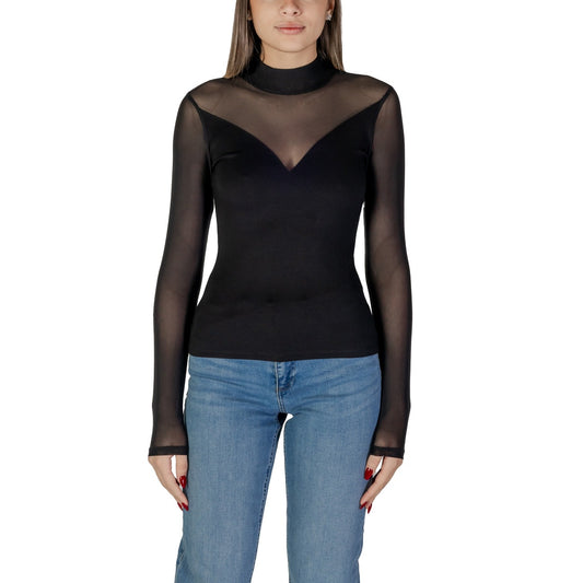 Blusa nera donna Morgan De Toi 242-TIMARA. T-shirt nera maniche lunghe aderente con collo alto ed eleganti inserti velati trasparenti su scollo e schiena.