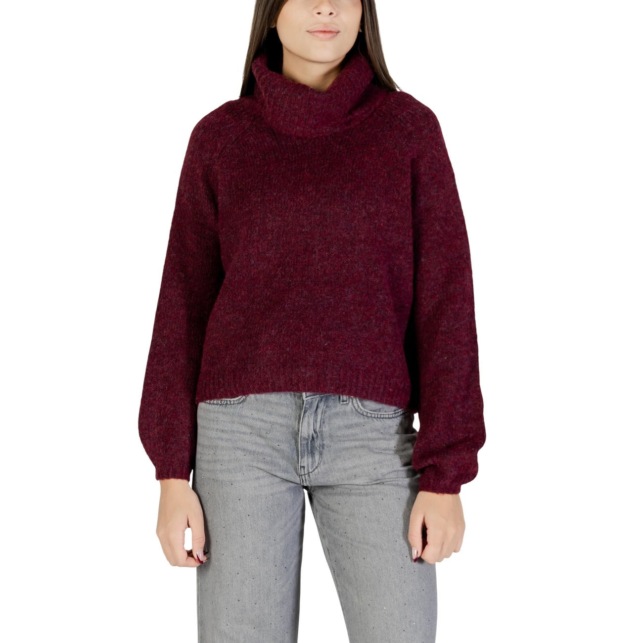 Only Maglione Donna Bordeaux Maniche Lunghe Scollo Alto - Maglione Poliestere Acrilico Lana