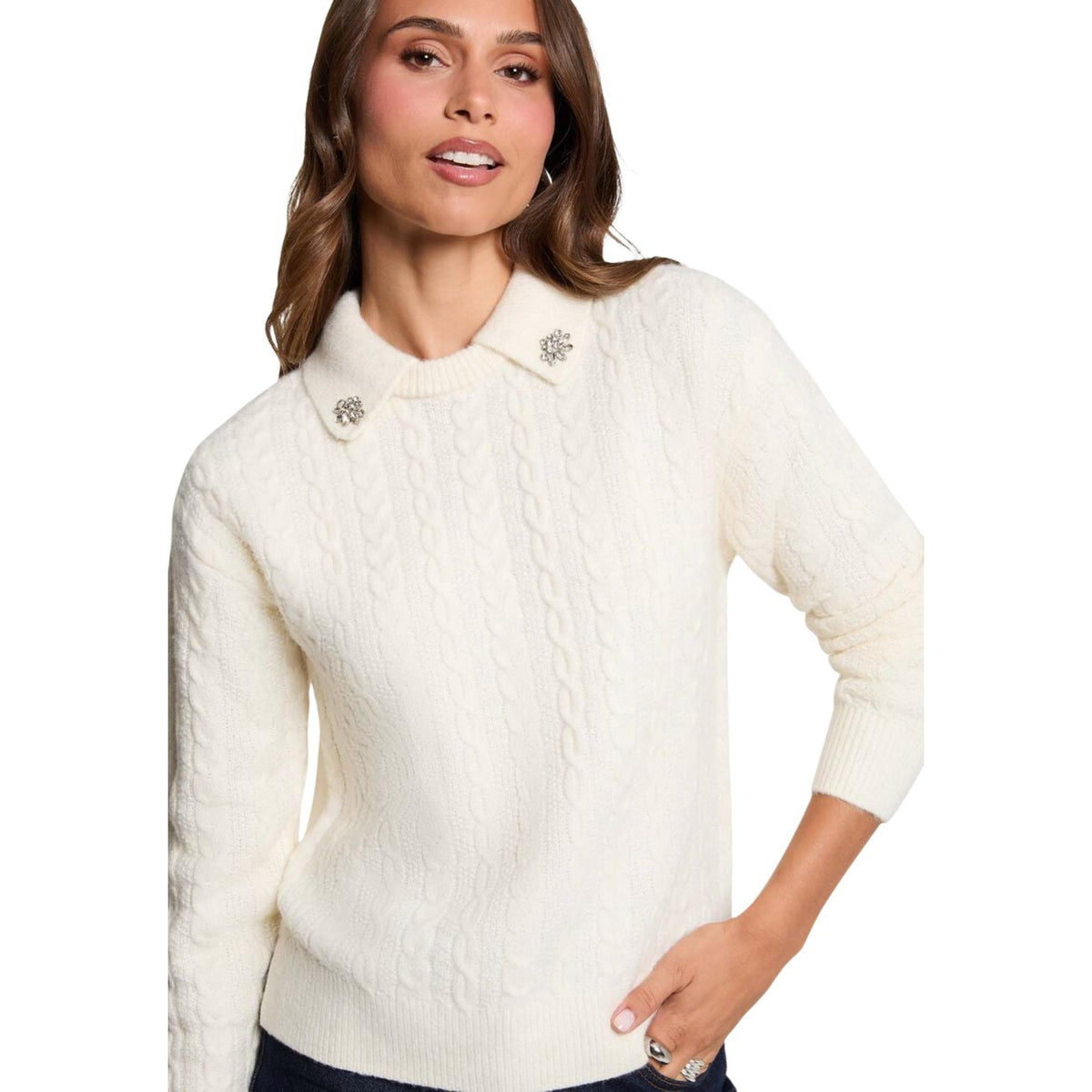 Maglione donna Morgan De Toi avorio – Maglia a trecce con colletto polo 262-MLOLY.