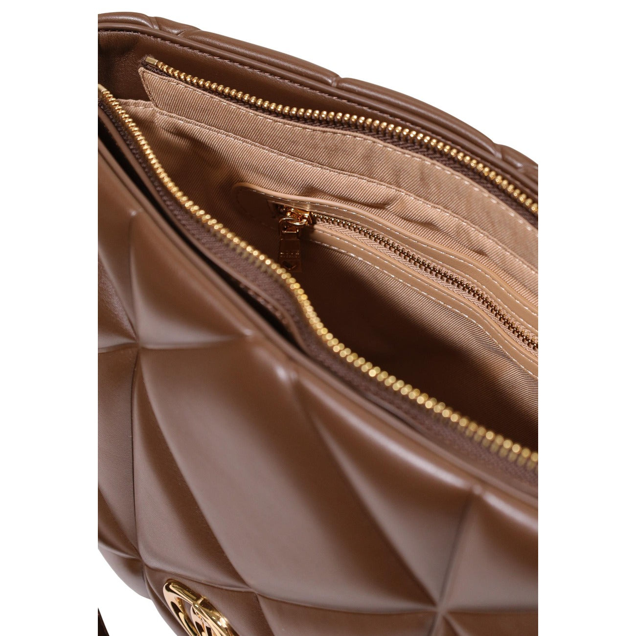 Borsa Love Moschino donna marrone a spalla modello JC4040PP1. Borsa grande trapuntata effetto pelle marrone cioccolato con manici a catena oro e cerniera stile casual chic, elegante e da giorno.