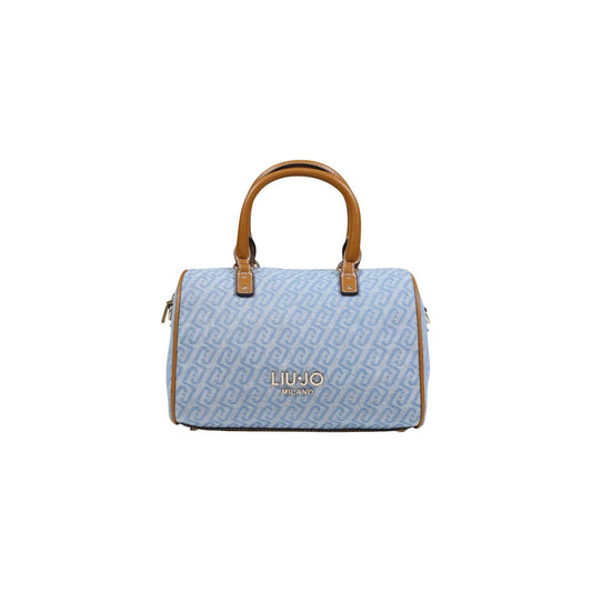 Borsa Satchel Liu Jo S; 80% Cotone, 20% Poliestere. Motivo monogramma all-over, manici rigidi, tracolla removibile e zip. Borsa donna media, chic e funzionale. Vista frontale colore denim 