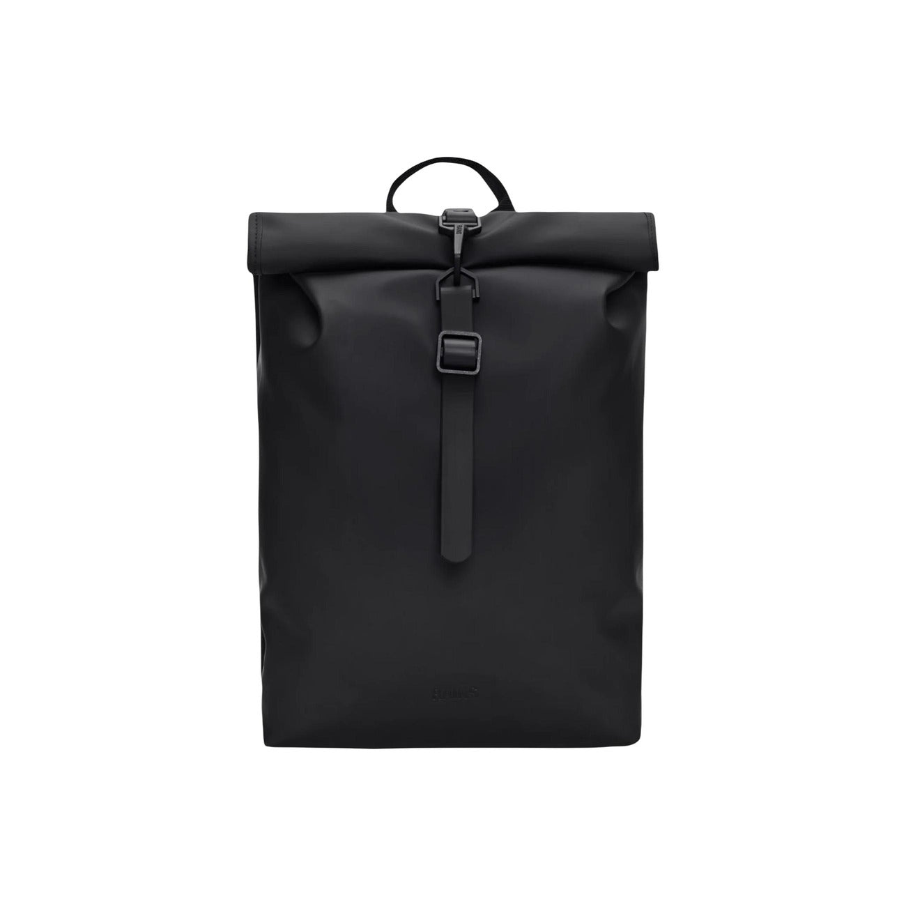 Zaino Rains Rolltop Rucksack Mini nero 13330. Zainetto impermeabile per bici e città con chiusura rolltop a moschettone, scomparto imbottito e schienale traspirante, zaino casual idrorepellente per la pioggia.