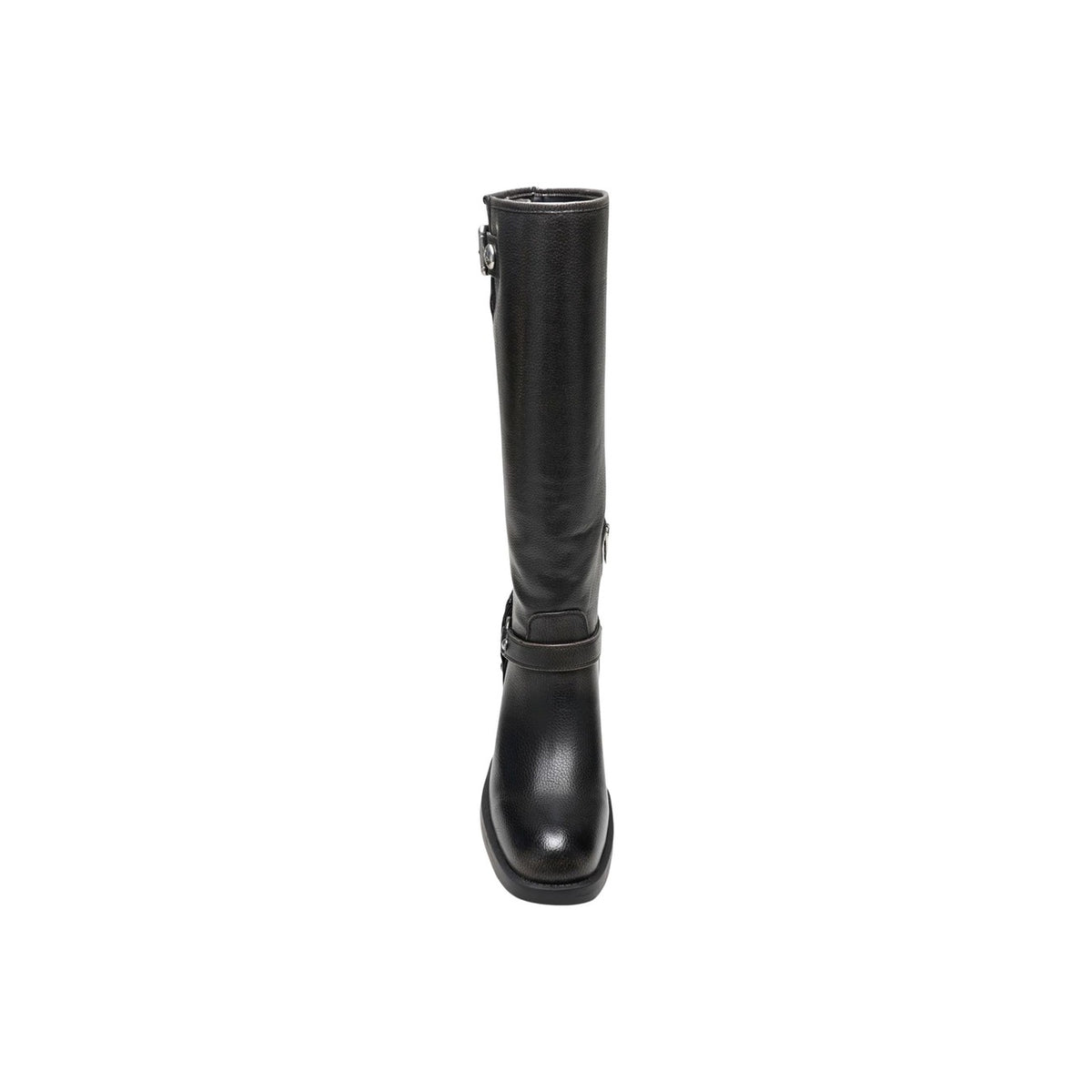 Stivali Guess donna neri FLTMAT LEA11 Matley. Stivali stile biker al polpaccio in pelle sintetica martellata, con cinturini e fibbie alla caviglia e sul gambale, tacco comodo 5 cm e cerniera laterale.