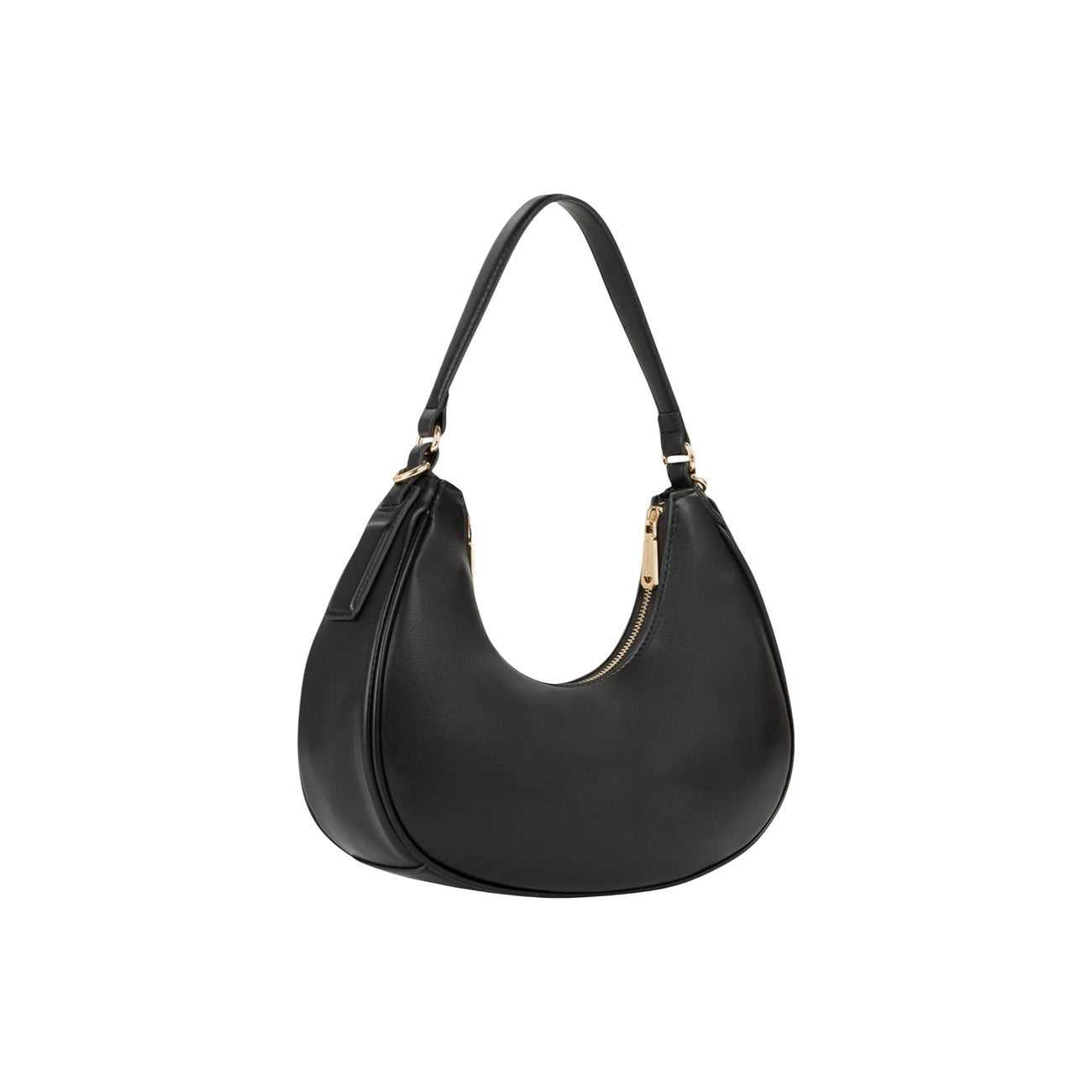 Borsa Media Nera Donna Valentino Bags Clio; Misure 7x22x7 cm. Tessuto 100% poliuretano stile mezzaluna con chiusura a zip. Tracolla a spalla regolabile con finiture e fibbia dorate, stile elegante e casual. Vista posteriore 