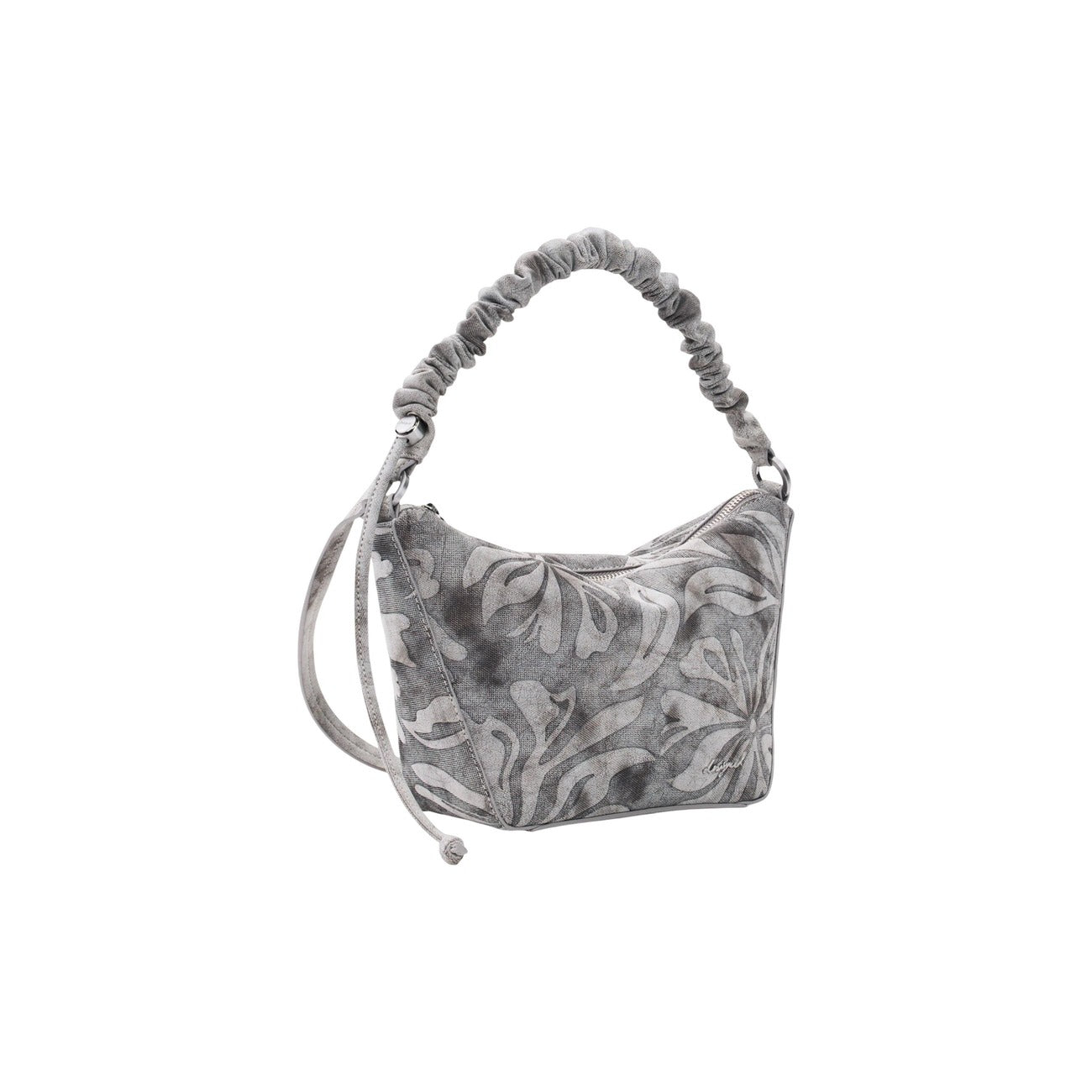 Borsa Media Ricamata SS26; effetto consumato, tracolle intercambiabili, tasche con zip. Il tocco floreale e vintage per i tuoi look estivi. Vista frontale laterale 