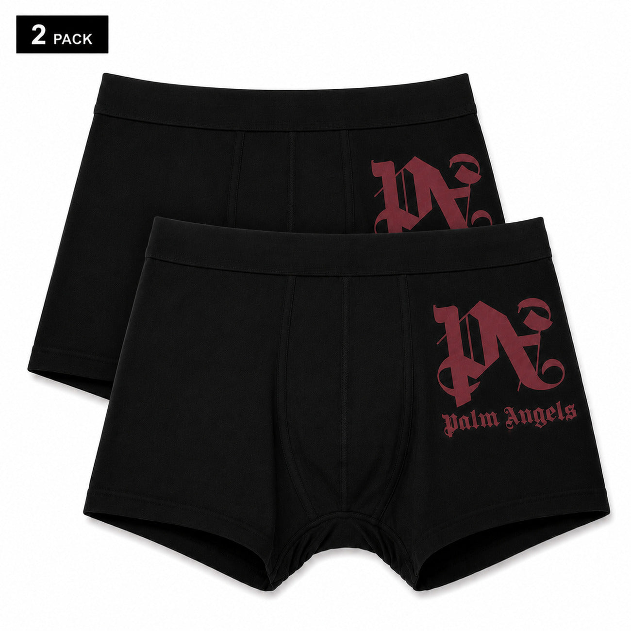 Set 2 Boxer Palm Angels; Stampa su gamba. Elastico tono su tono, cotone stretch premium, vestibilità aderente. Il dettaglio streetwear definitivo per il tuo guardaroba intimo. Nero e rosso