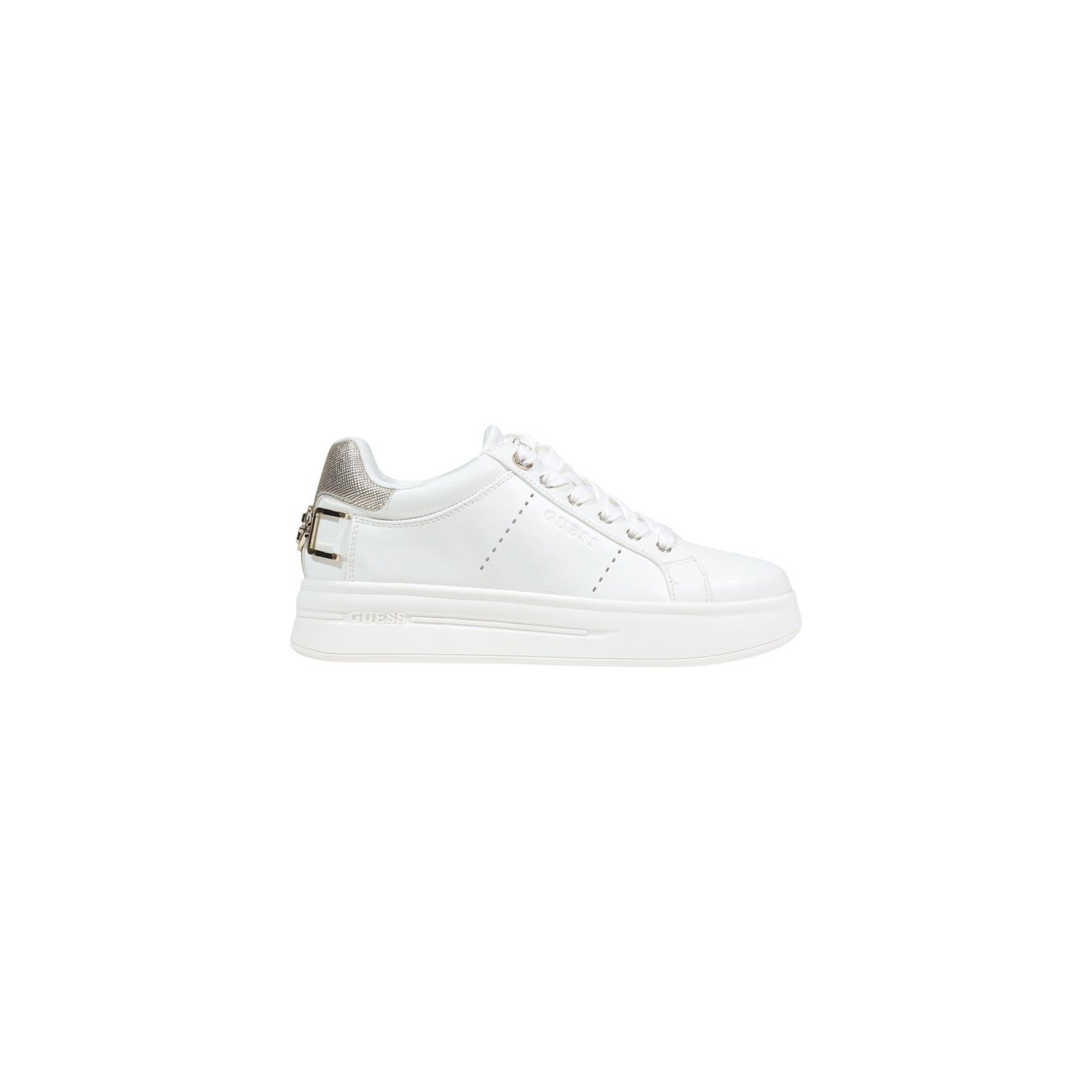 Sneakers Guess Wesli; Bianco, 100% Poliuretano. Suola platform 4 cm, logo in rilievo, dettaglio fibbia metallica. Calzata confortevole, stile 4 stagioni.