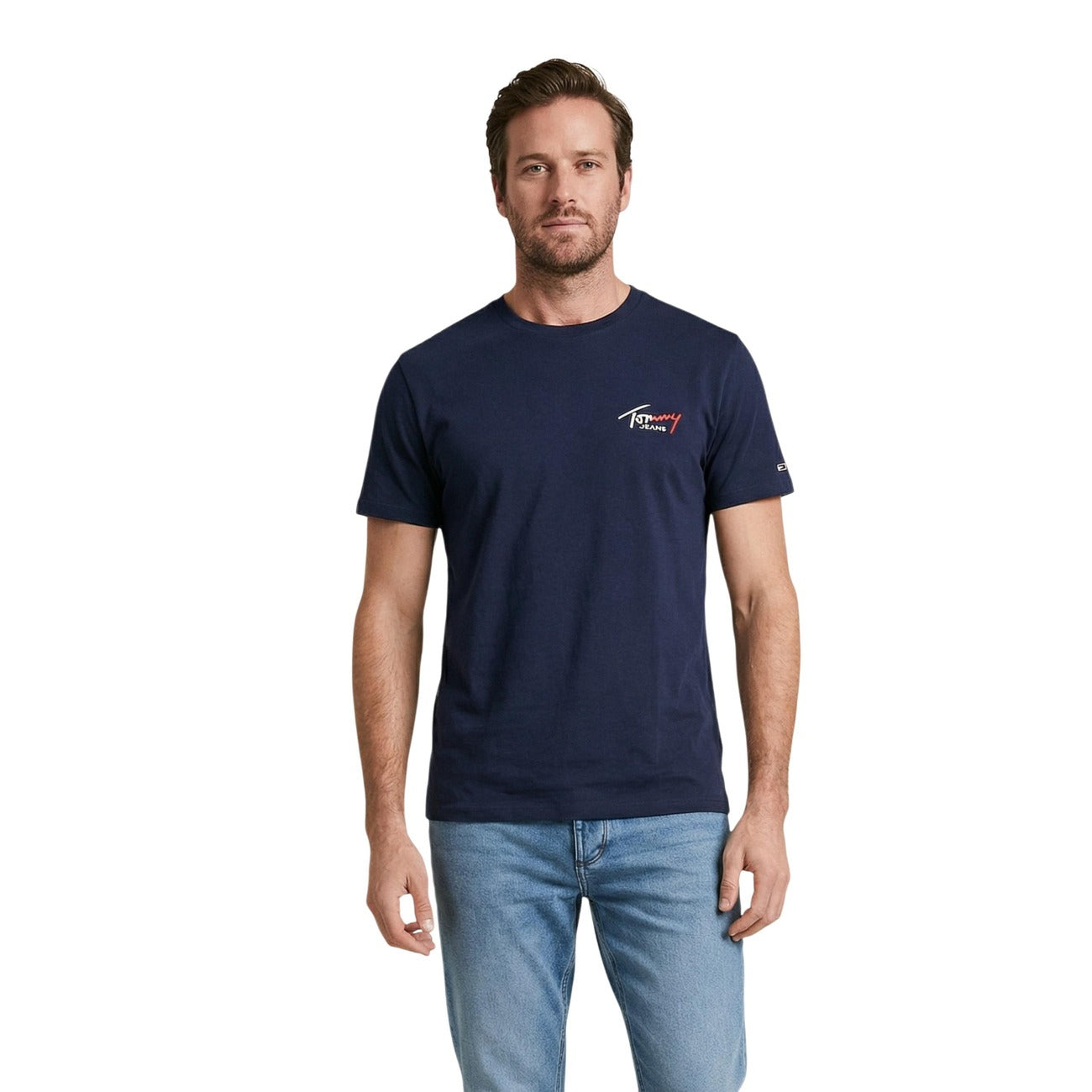 T-shirt uomo Tommy Hilfiger Jeans blu in cotone a maniche corte con stampa logo e scollo tondo