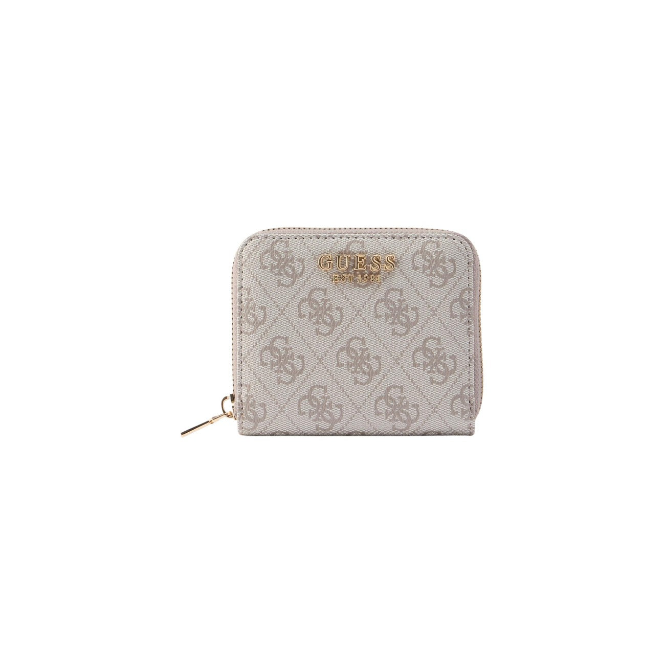Portafoglio Guess Laurel II Small; 100% Poliuretano. Chiusura zip around, stampa monogramma, logo metallico. Portafoglio donna piccolo, compatto e sicuro. Vista frontale 