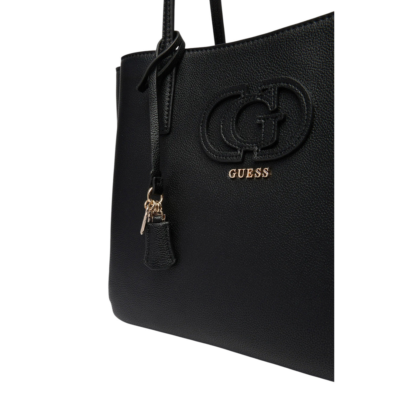 Borsa Shopper Grande Donna Guess Isola; Nero. 100% Ecopelle strutturata, chiusura con zip, doppi manici a spalla, tasca sul retro e charm oro. Silhouette svasata e capiente (40x28 cm), stile elegante-casual. Vista logo 