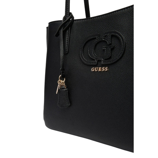 Borsa Shopper Grande Donna Guess Isola; Nero. 100% Ecopelle strutturata, chiusura con zip, doppi manici a spalla, tasca sul retro e charm oro. Silhouette svasata e capiente (40x28 cm), stile elegante-casual. Vista logo 