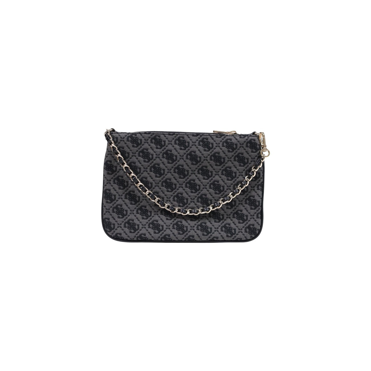 Pochette Guess grigia logo Flat Pouch PW7561 P6274. Borsa a mano e a spalla piccola grigia con motivo logo Guess all-over, placchetta a triangolo e tracolla a catena, borsa da sera e casual chic 4 stagioni.
