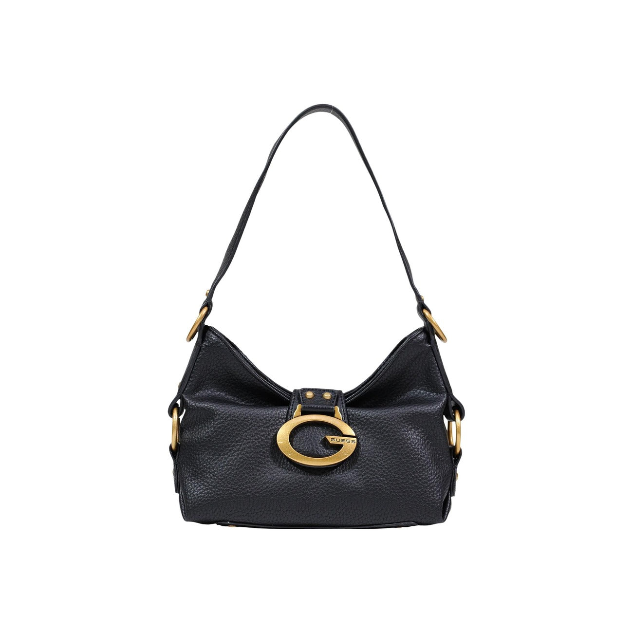 borsa a spalla Guess Camden in similpelle martellata nera. Realizzata in 100% poliuretano con effetto pelle martellata. Vista frontale 
