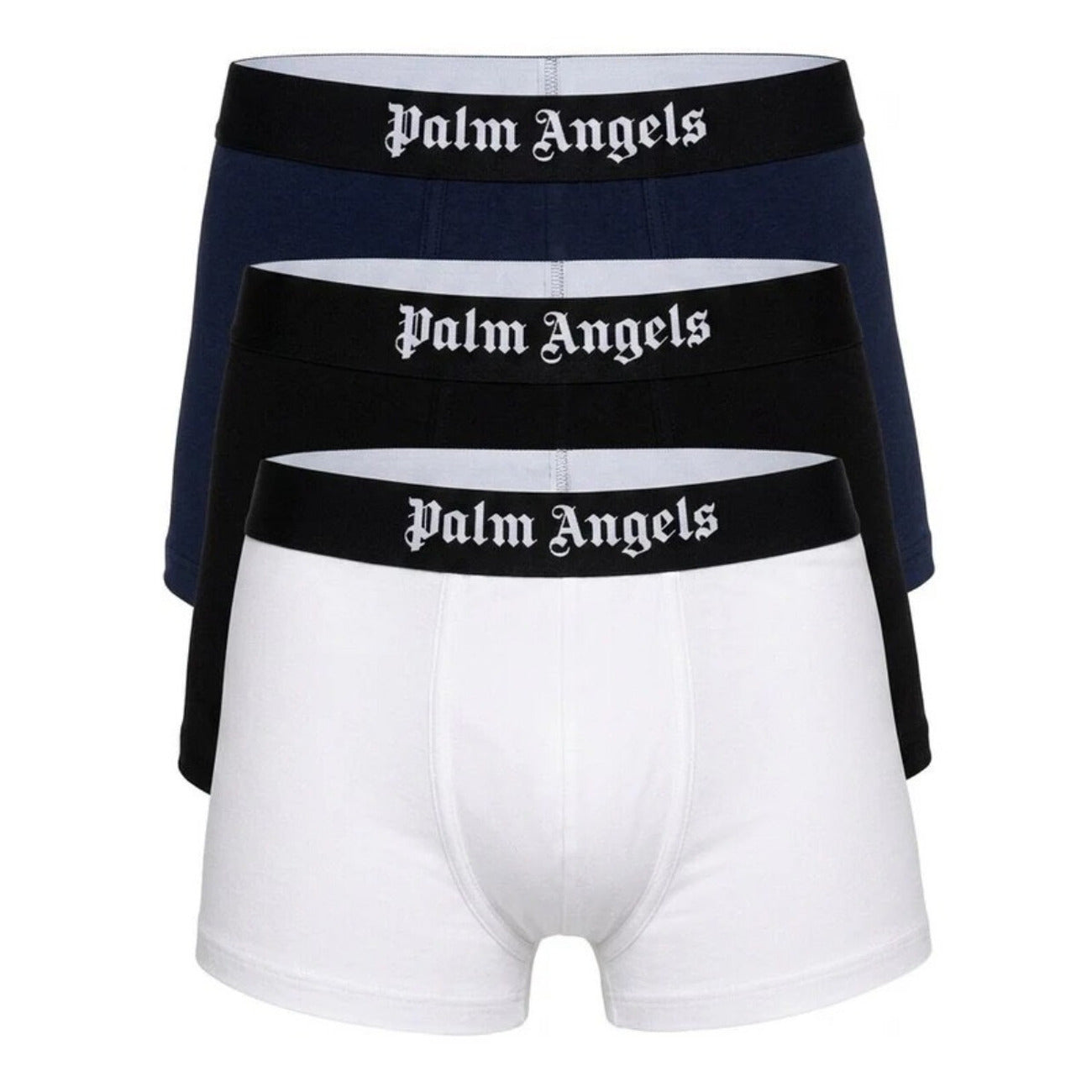 Boxer Uomo Palm Angels (Pack da 3); Bianco, Blu Navy e Nero. Vita logata gotica, cotone stretch, vestibilità aderente. Comfort premium e stile iconico per l'uso quotidiano.