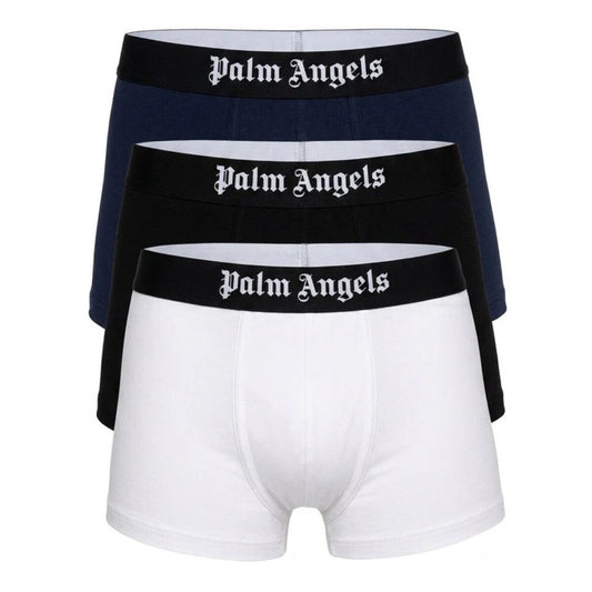 Boxer Uomo Palm Angels (Pack da 3); Bianco, Blu Navy e Nero. Vita logata gotica, cotone stretch, vestibilità aderente. Comfort premium e stile iconico per l'uso quotidiano.