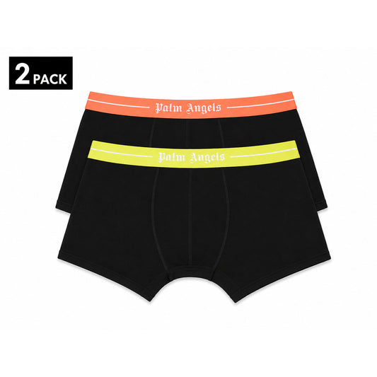 Set 2 Boxer Neri Palm Angels; Elastico Arancio e Giallo. Logo bianco in vita, cotone stretch premium, vestibilità aderente. Comfort quotidiano con un tocco di colore energico.