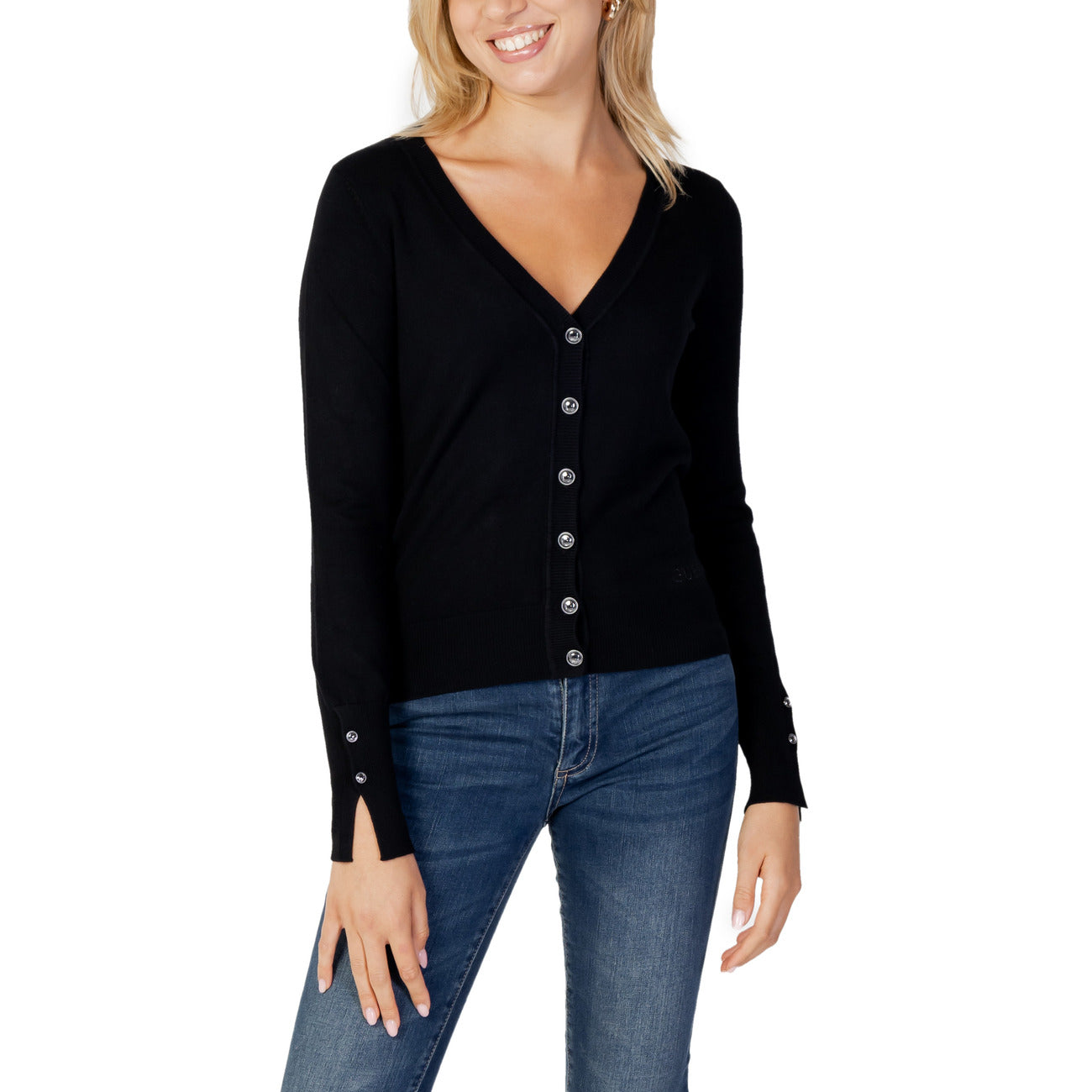 Guess Cardigan Donna Nero con Bottoni Scollo a V Colletto Coreana - Cardigan Viscosa Nylon