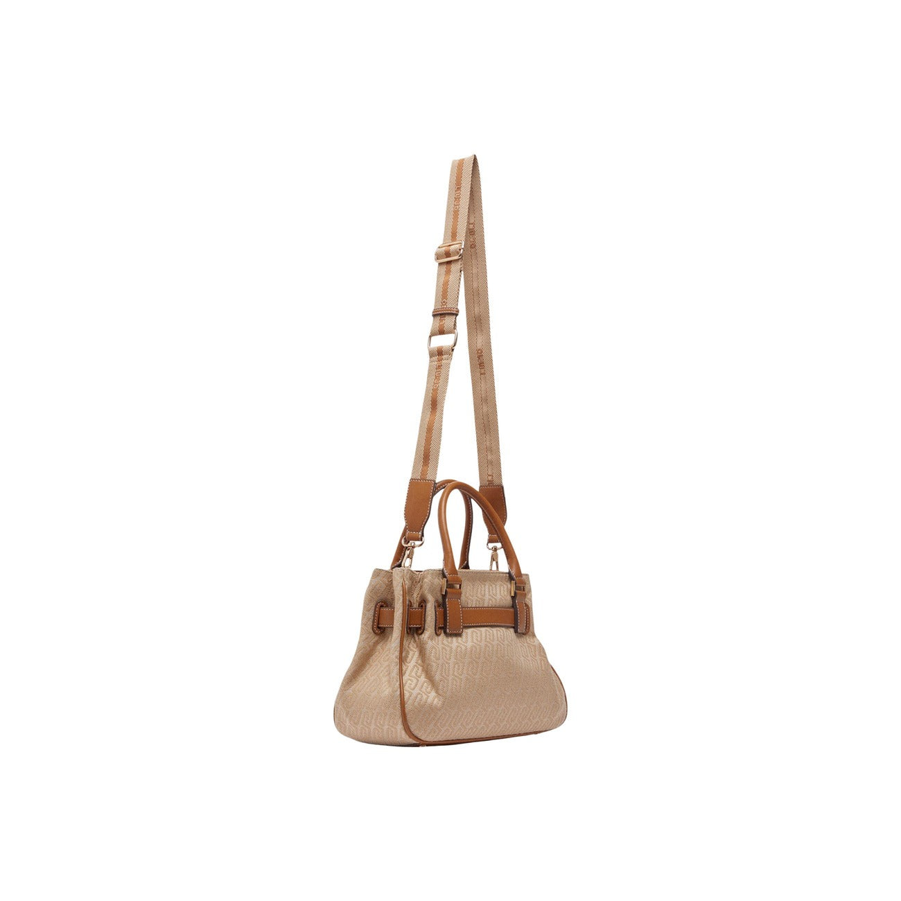 Borsa Liu Jo S Tote Monogram; 100% Poliestere con dettagli effetto pelle. Manici rigidi, cintura decorativa metallica, design semi-rigido. Borsa a mano elegante e spaziosa. Vista con tracolla 