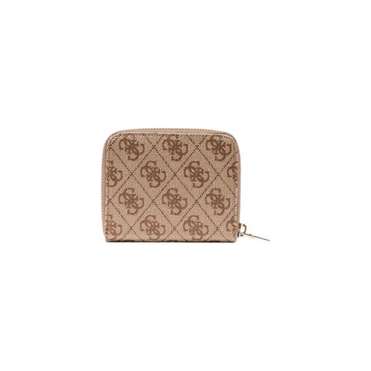 Guess Laurel II Small Wallet; portafoglio piccolo beige compatto con cerniera perimetrale, texture monogrammata e scomparti per carte e monete. Accessorio raffinato e funzionale. Vista posteriore 