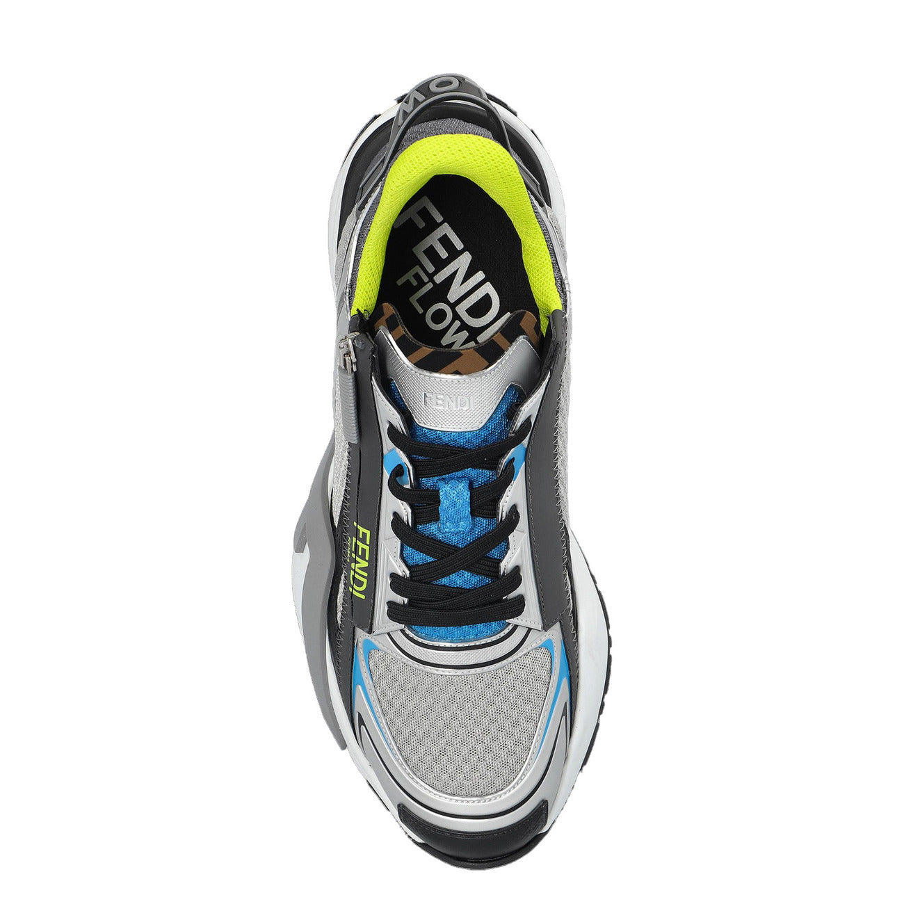 Sneakers Fendi Flow; Grigio/Fluo. Mesh tecnico, pelle e neoprene. Zip laterale logata, suola in gomma 3D, calzata ultraleggera. Eccellenza italiana, collezione Primavera/Estate. Vista dall’alto 
