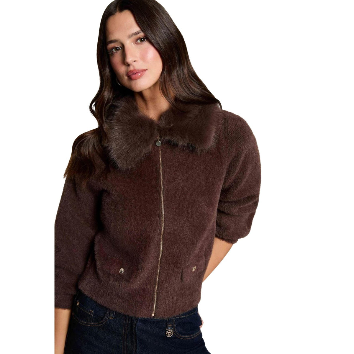 Maglia donna Morgan De Toi marrone – Cardigan mezza stagione con zip e colletto 262-MBOBBY.