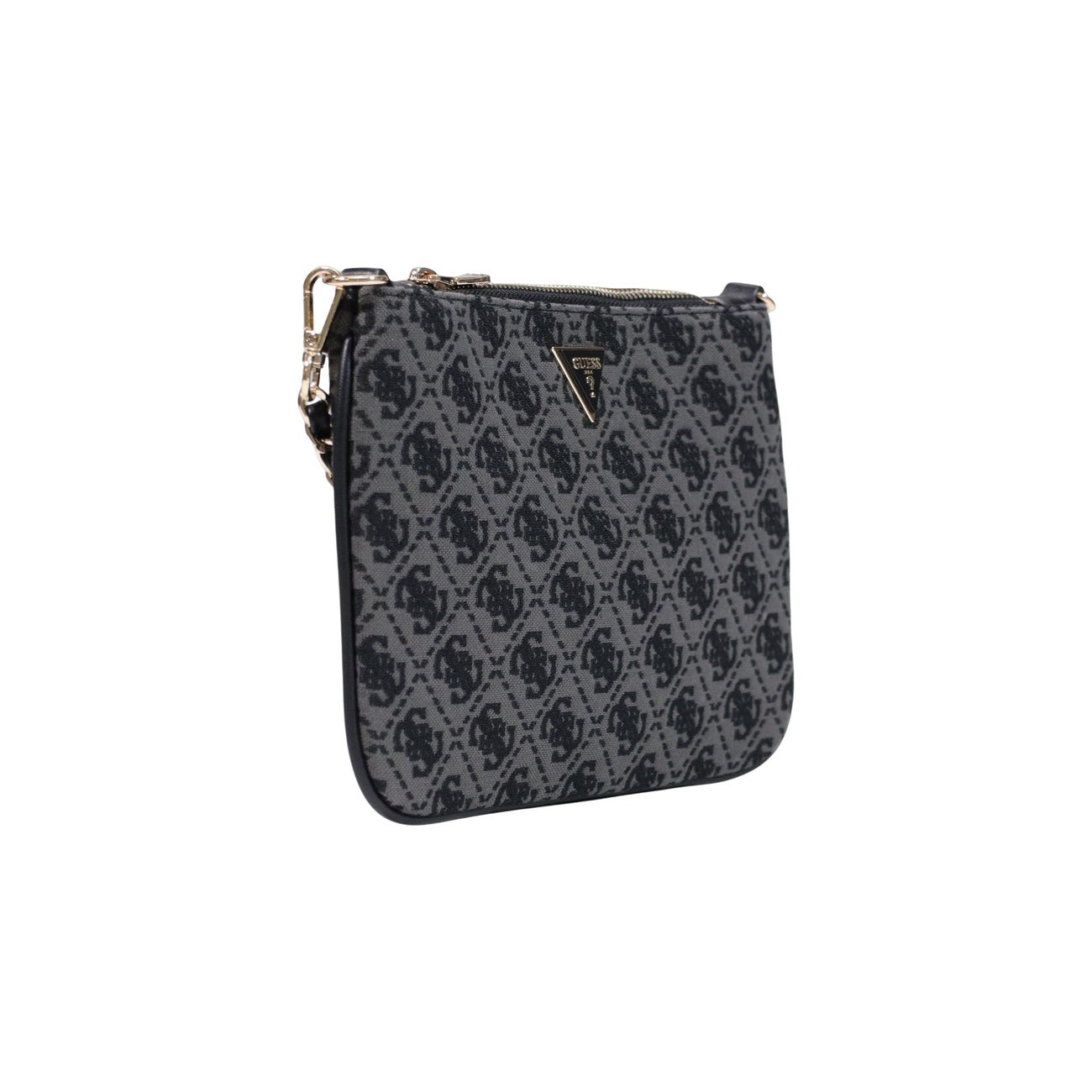 Pochette Guess grigia logo Flat Pouch PW7561 P6274. Borsa a mano e a spalla piccola grigia con motivo logo Guess all-over, placchetta a triangolo e tracolla a catena, borsa da sera e casual chic 4 stagioni.