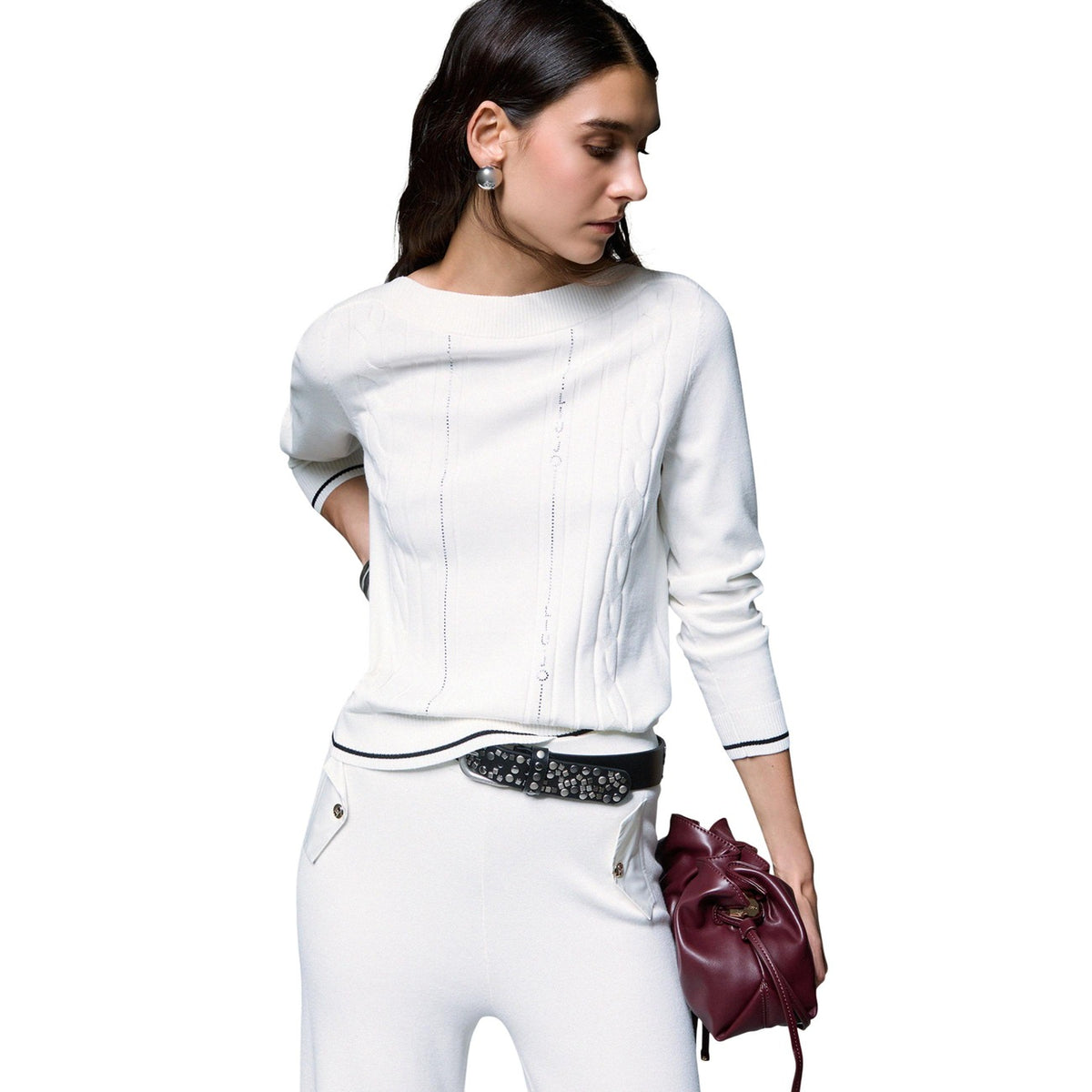 Maglia trecce donna Liu Jo – Pullover in viscosa con bordi a contrasto TF6189MS63.