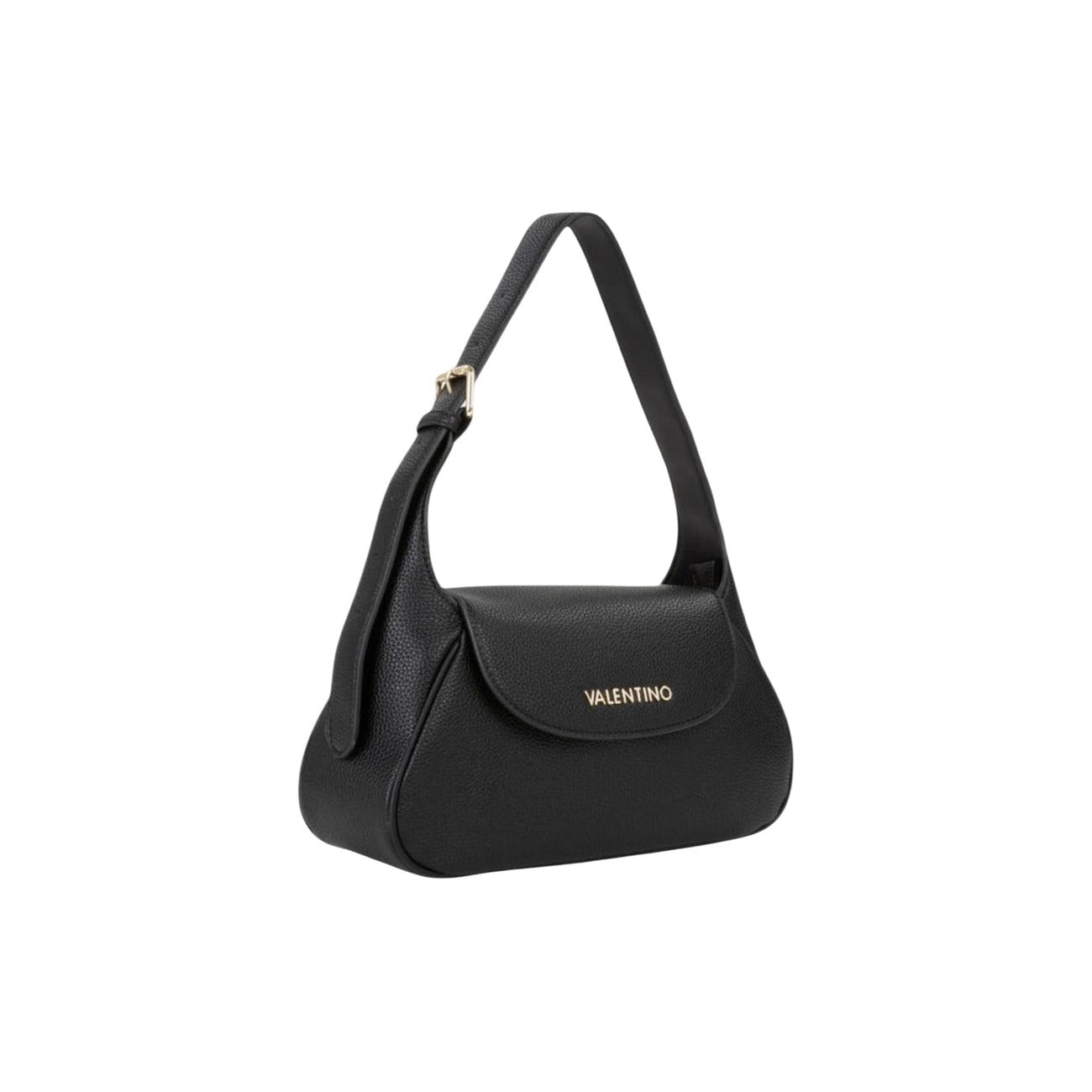 Flap Bag nera Valentino Bags Daphne RE, superficie testurizzata, logo gold frontale e tracolla regolabile; borsa a spalla media con interno organizzato e chiusura a patta. Vista frontale Laterale 