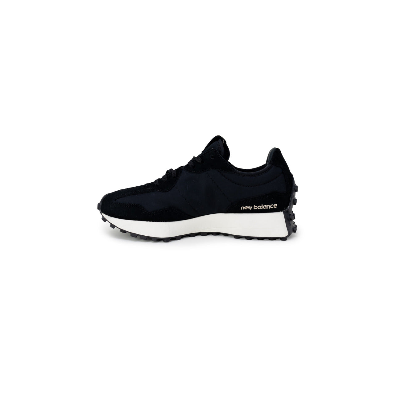 sneaker New Balance 327 da donna in pelle scamosciata e nylon, di colore nero con logo N laterale con stampa animalier leopardata Vista laterale 