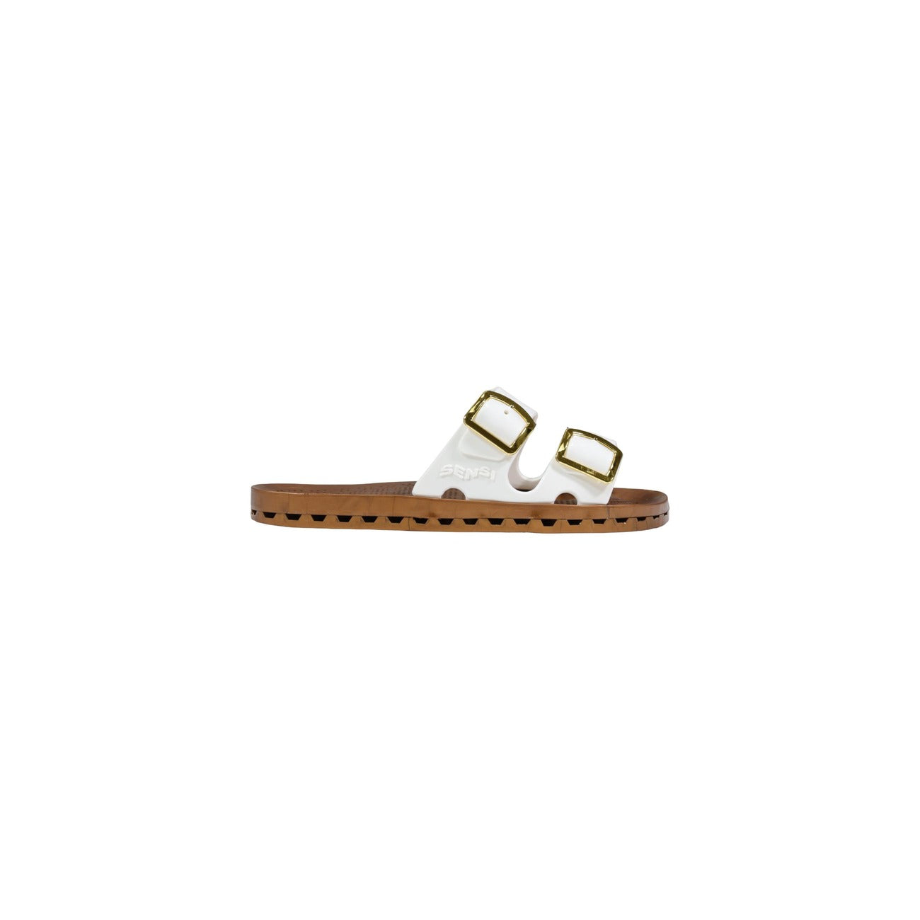 Ciabatte Sensi La Jolla Prestigio; 100% PVC. Doppia fibbia lucida regolabile, suola traforata drenante, plantare ergonomico. Leggere, lavabili e ultra-traspiranti. Stile chic per mare, spa e casa. Bianco