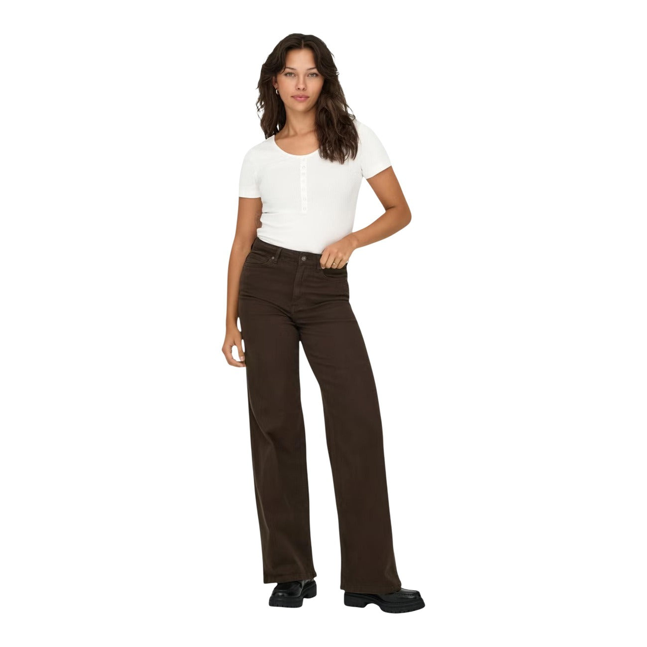 Jeans marroni Only donna Wide Leg 15371660. Jeans a vita alta e gamba larga marrone scuro Dark Brown Denim in cotone stretch, 5 tasche con zip e bottone, pantaloni jeans traspiranti e comodi primavera estate Only.