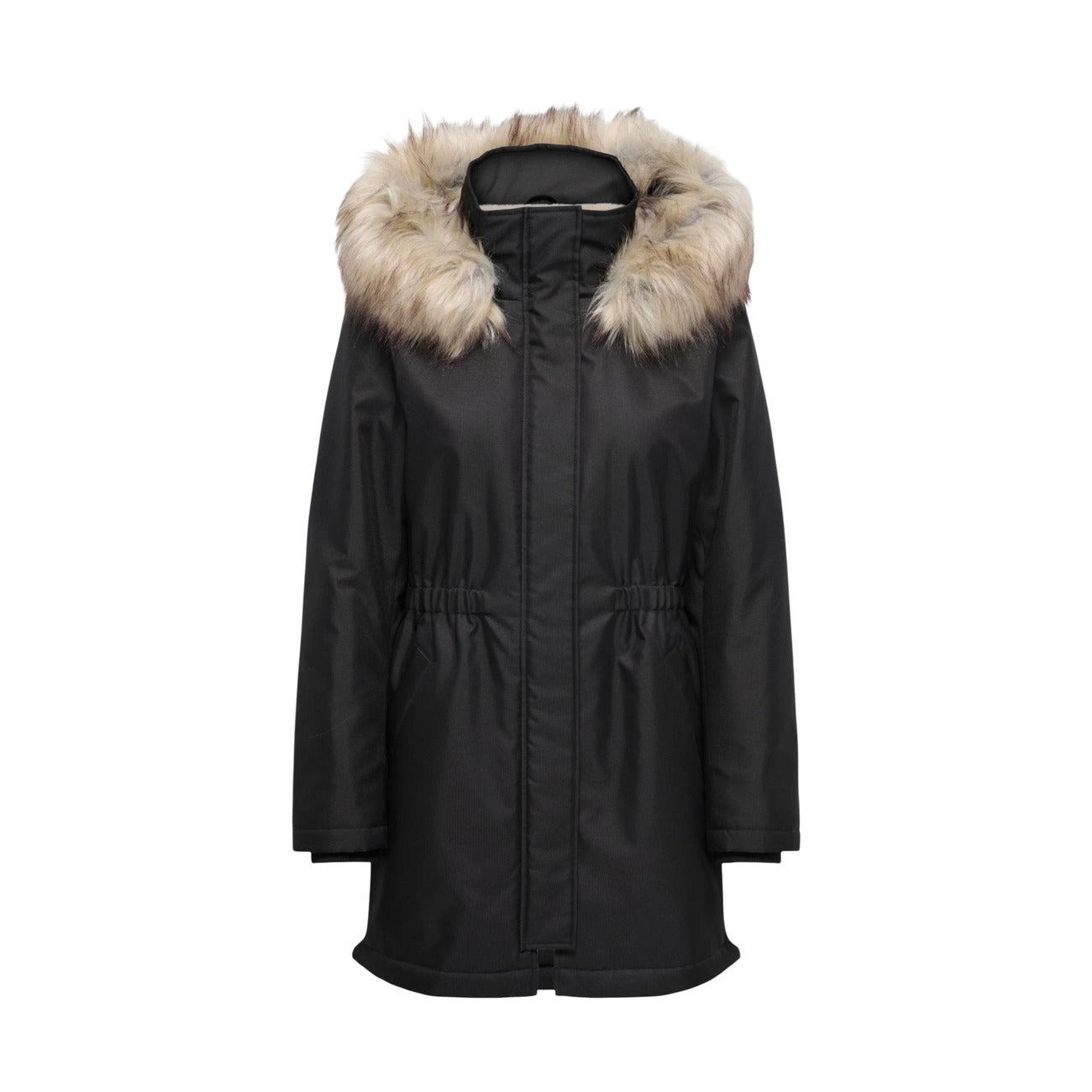Parka nero da donna Only 15370930 con pelliccia sul cappuccio. Giubbotto caldo per l'inverno con cerniera zip, bordo in eco-pelliccia rimuovibile, polsini elasticizzati e tasche, abbigliamento donna autunno inverno.