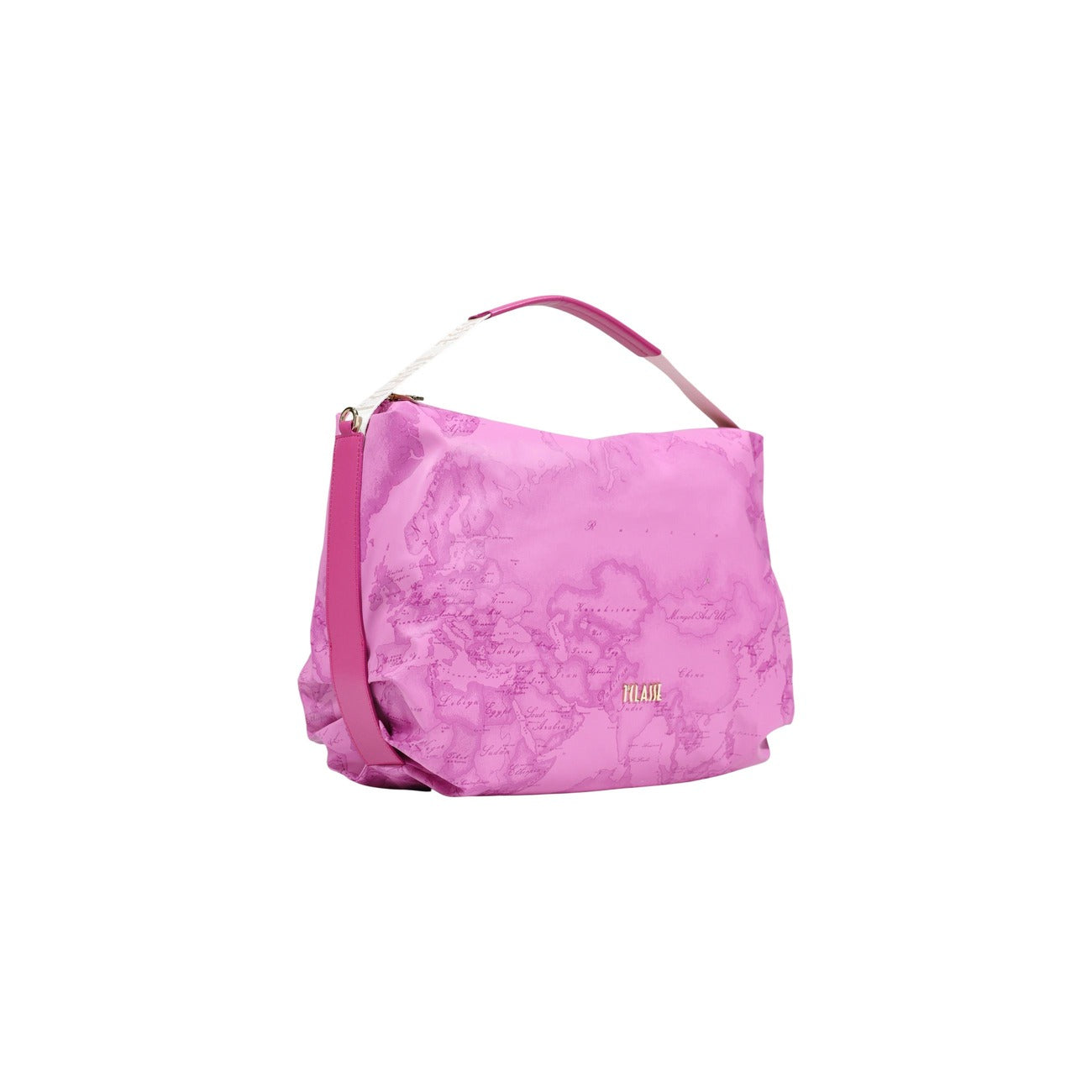 Maxi Borsa Geo Fucsia Alviero Martini; 58% Poliestere, 42% Poliuretano. Tracolla regolabile, finitura idrorepellente, ampio vano interno. Borsa donna a spalla spaziosa e leggera per ogni stagione. Frontale laterale 